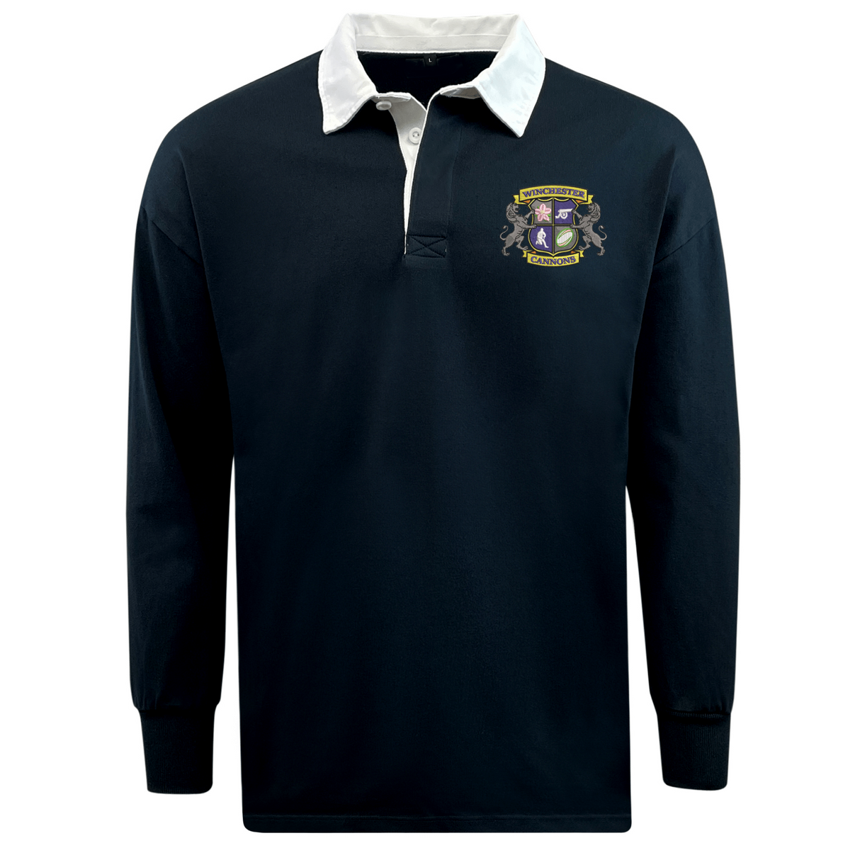 The EMB Mudoo Winchester Cannons Classic Long Sleeve Solid Rugby Jersey features a navy blue design, white collar, crest logo on the left chest, and soft cotton fabric for timeless style.