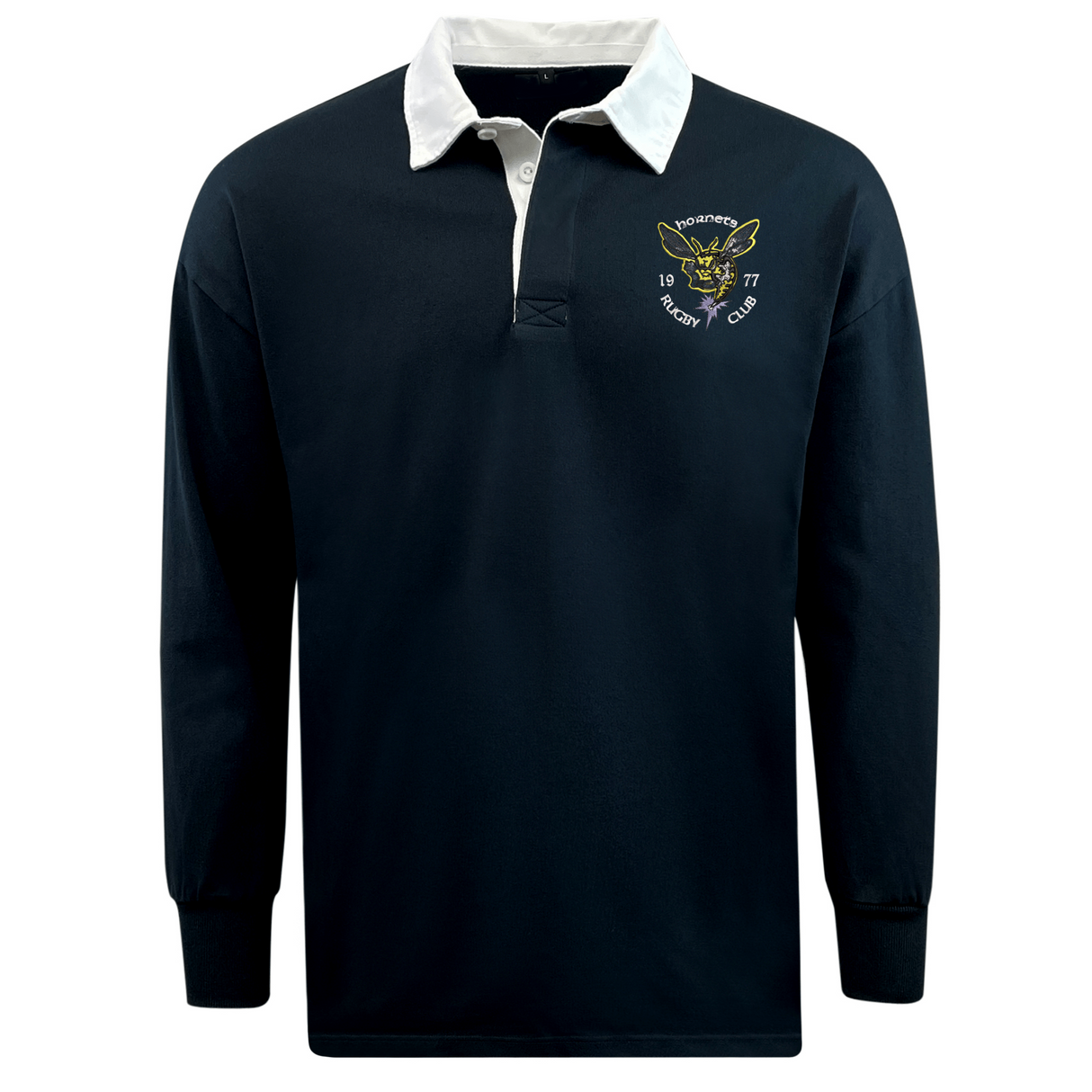 The Hornets Rugby Club 1977 Classic Long Sleeve Solid Rugby Jersey by EMB Mudoo features a navy blue design with a white collar, an embroidered crest reading "Rugby Club 1977," and a distinctive yellow and green animal logo on the left chest, offering timeless style and comfort in a relaxed fit rugby silhouette.