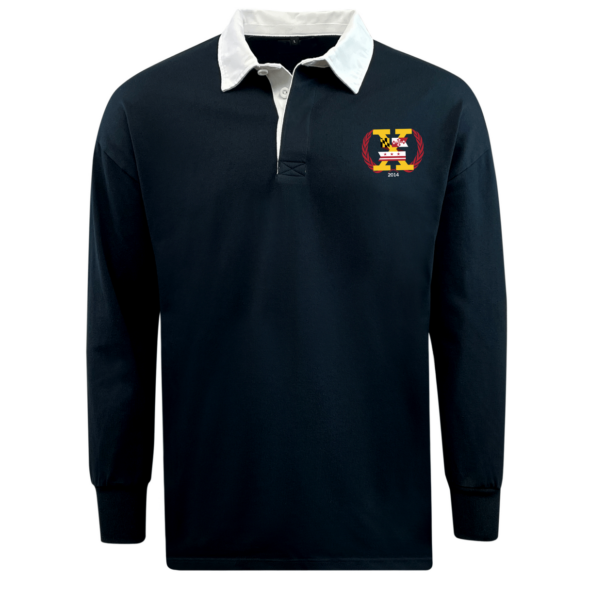 Introducing the EMB Mudoo Potomac Exiles Rugby Club Classic Long Sleeve Solid Rugby Jersey—this timeless navy rugby shirt is detailed with a crisp white collar and features a vibrant crest, showcasing a yellow "H" and "Y" on the left chest.