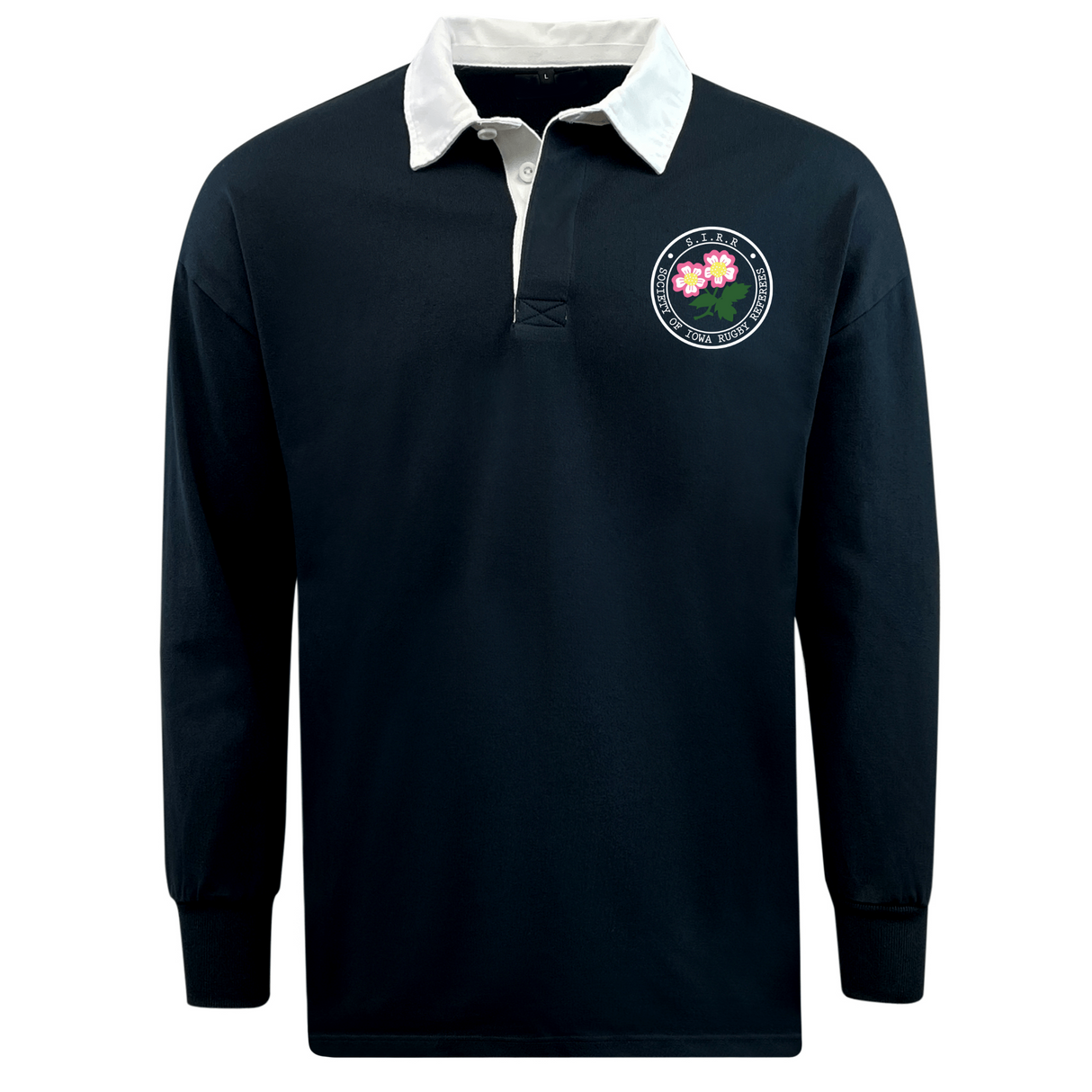 The Society of Iowa Rugby Referees Classic Long Sleeve Solid Rugby Jersey by EMB Mudoo features a navy blue design with long sleeves, a crisp white collar, and a circular patch adorned with pink lotus flowers and green leaves on the left chest, crafted from a comfortable cotton-polyester rugby blend.