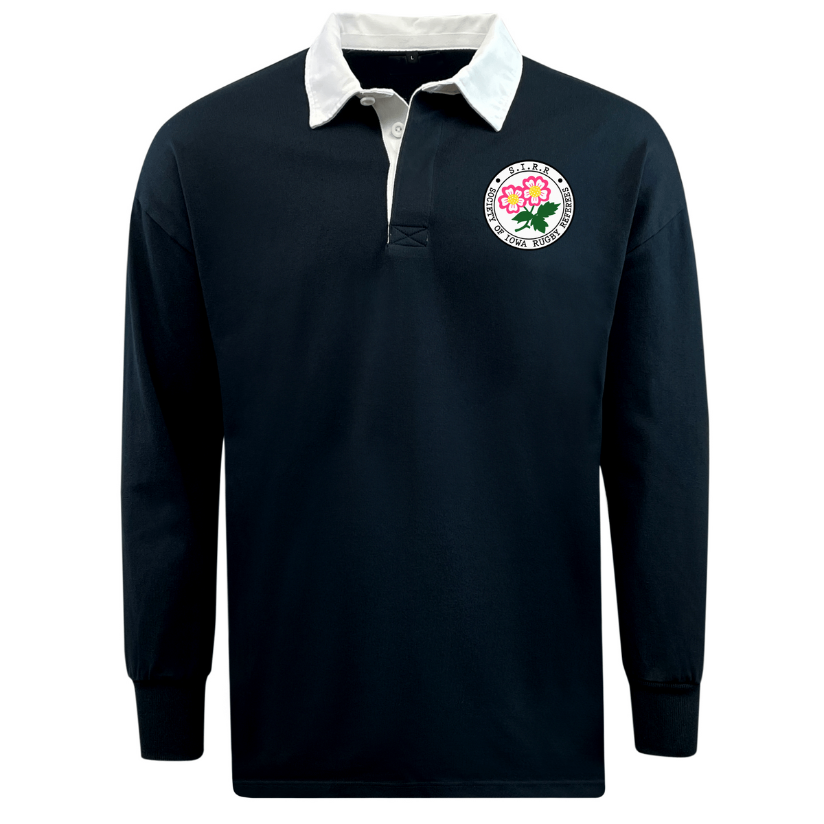 The EMB Mudoo Society of Iowa Rugby Referees Classic Long Sleeve Solid Rugby Jersey features a black design with a white collar and a circular patch adorned with a pink flower and green leaves on the left chest.