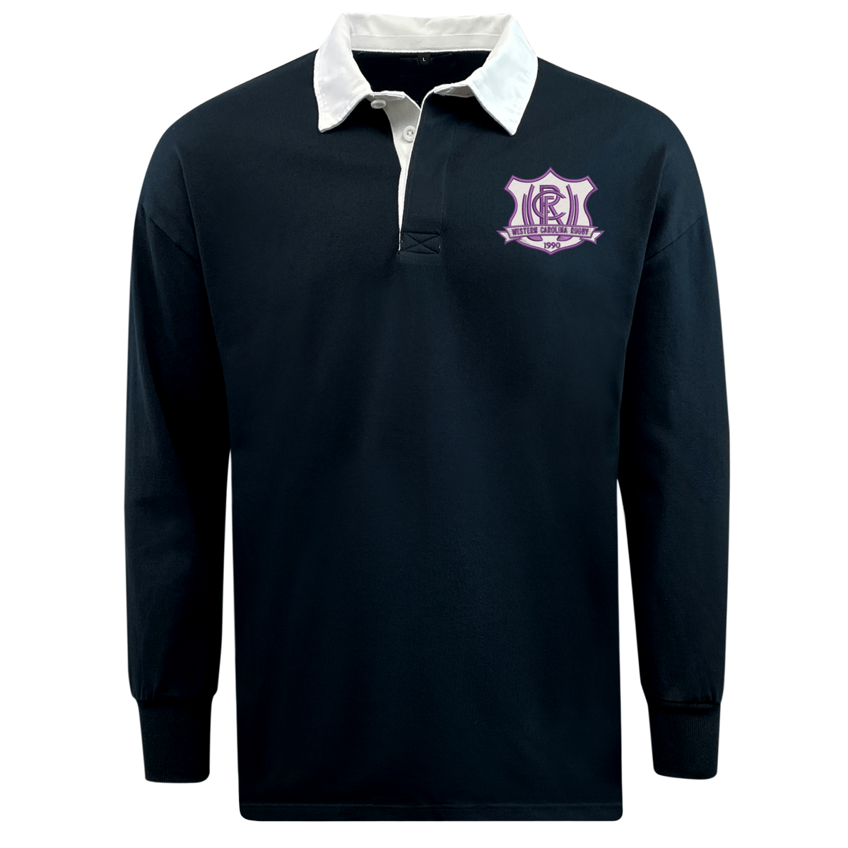 EMB Mudoo Western Carolina University Classic Long Sleeve Solid Rugby Jersey in navy blue with a white collar, a chest emblem, and a relaxed fit.