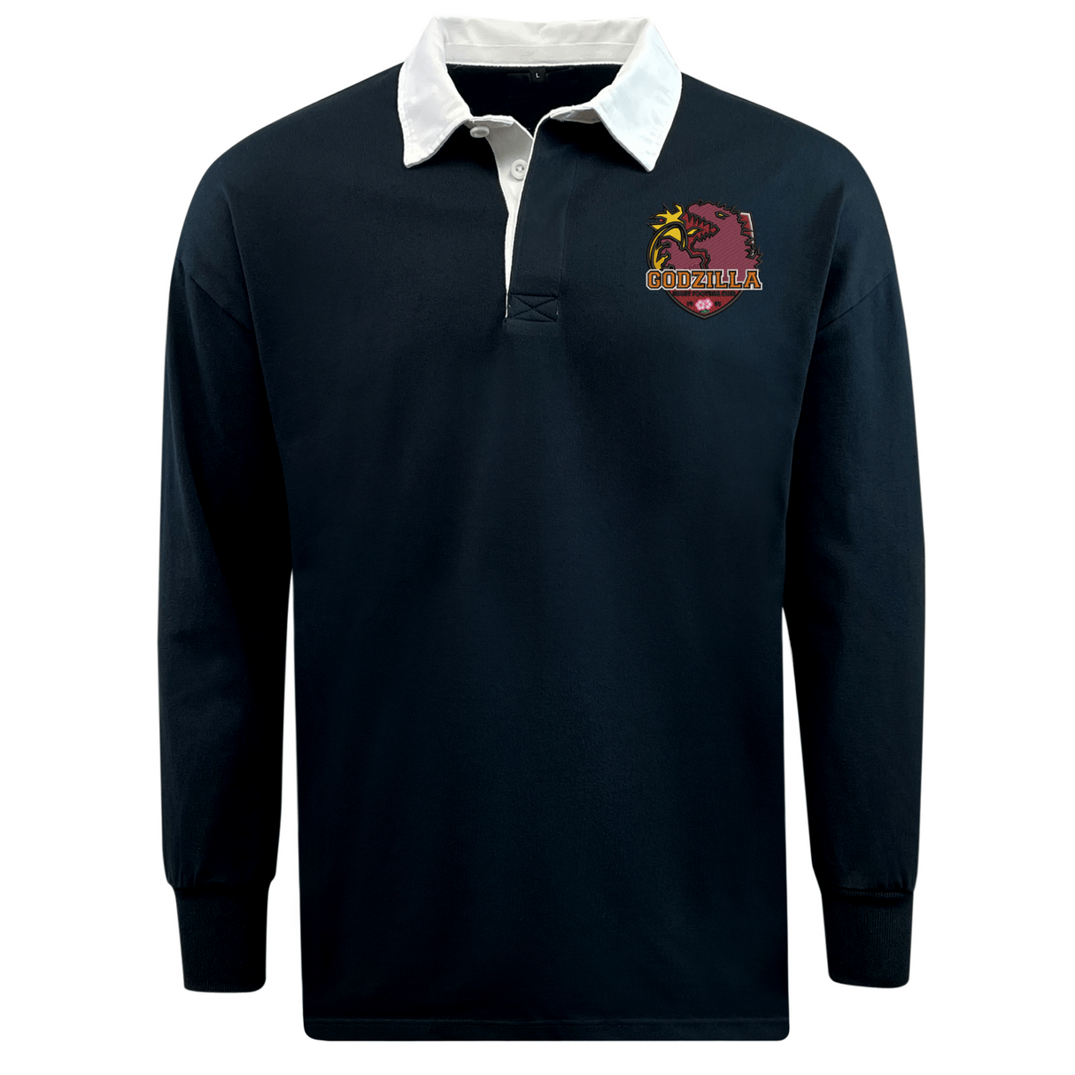 Godzilla Rugby Football Club Classic Long Sleeve Solid Rugby Jersey by EMB Mudoo, featuring a navy body, white collar, and a maroon and gold Cornell bear logo on the left chest.