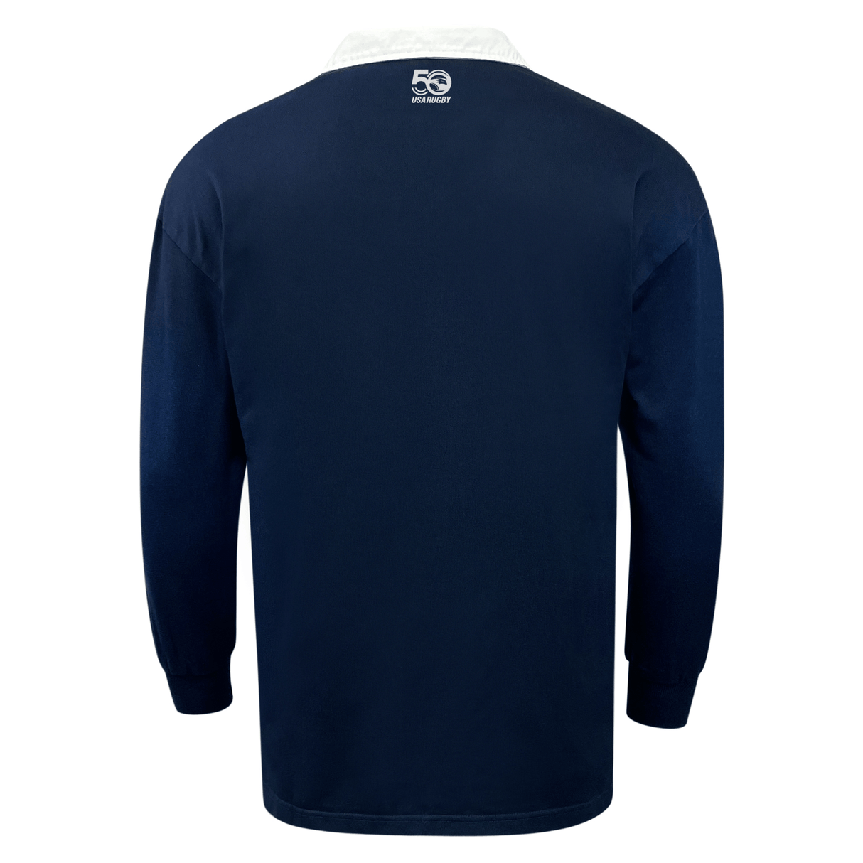 The EMB Mudoo USA Rugby Original Olympic 50th Anniversary Classic Jersey is a navy blue long-sleeve shirt with a white collar and an Olympic 50th Anniversary logo on the upper back, photographed against a white background.