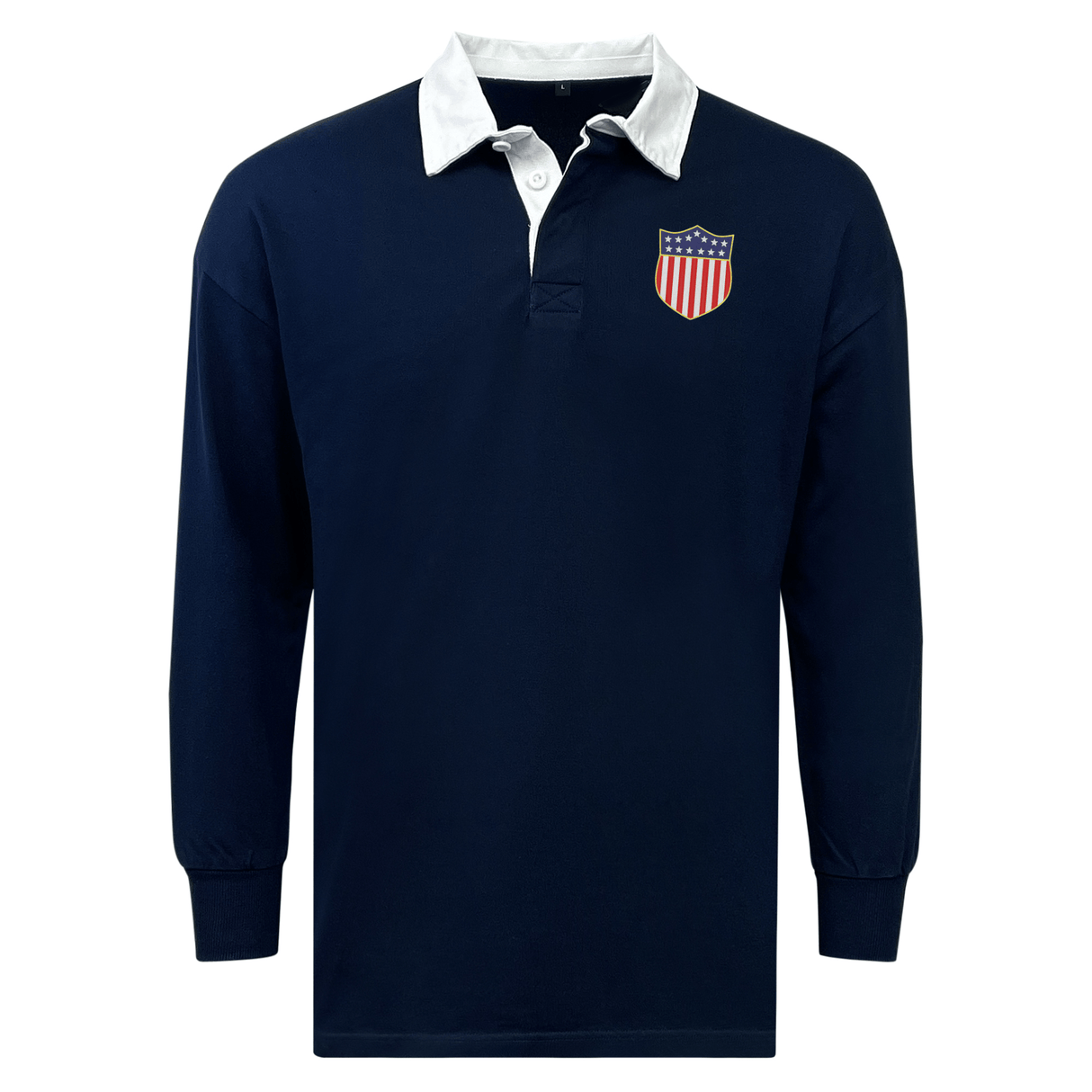 Celebrate USA Rugby style with the EMB Mudoo USA Rugby Original Olympic 50th Anniversary Classic Jersey, a navy blue long-sleeve shirt featuring a white collar and American flag shield patch on the left chest.