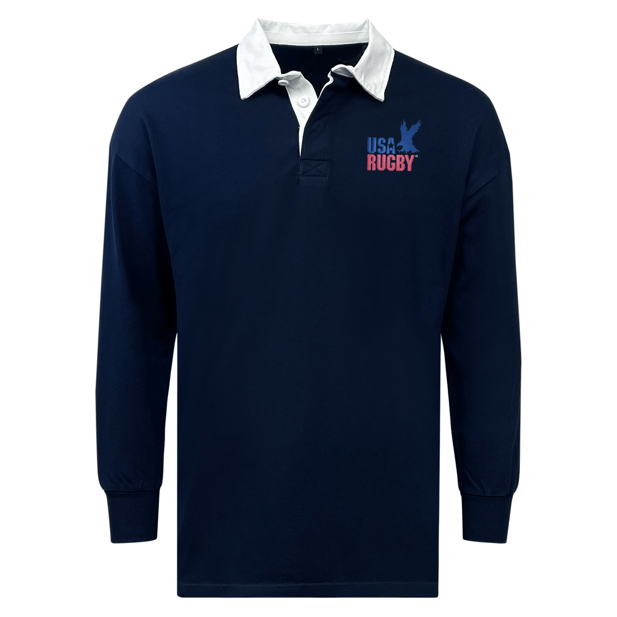 The EMB Mudoo USA Rugby Throwback 50th Anniversary Classic Jersey features navy long sleeves, a white collar, and a red and blue "USA Rugby" logo on the left chest.