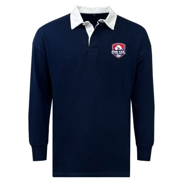 The EMB Mudoo CenCal Rugby Classic Long Sleeve Solid Rugby Jersey in navy blue features a white collar and an embroidered red, white, and blue crest on the left chest.