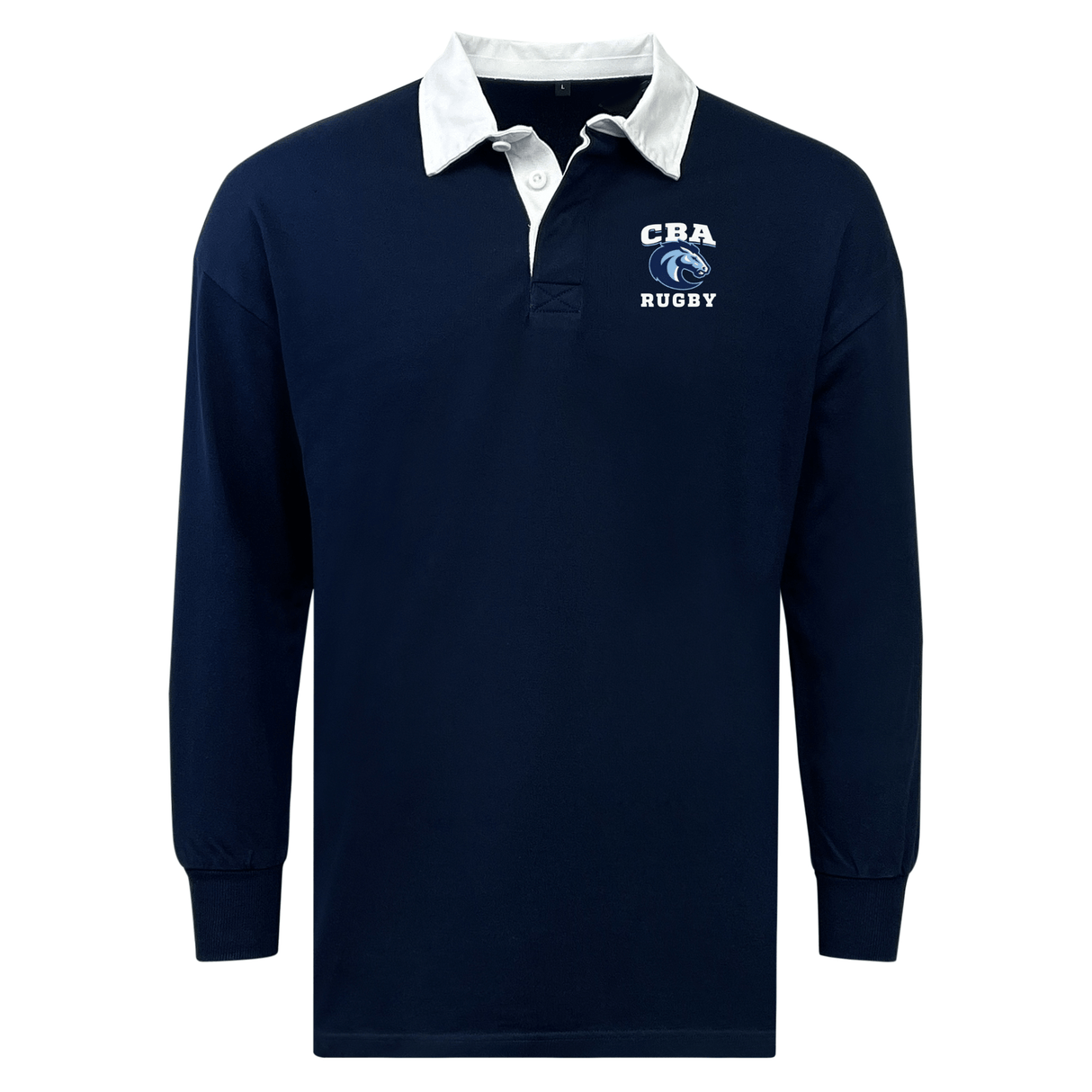 The Christian Brothers Academy Rugby Classic by EMB Mudoo is a navy long-sleeve jersey with a white collar and "CBA RUGBY" logo on the chest, offering a relaxed fit. It's crafted from a comfortable cotton/poly blend.