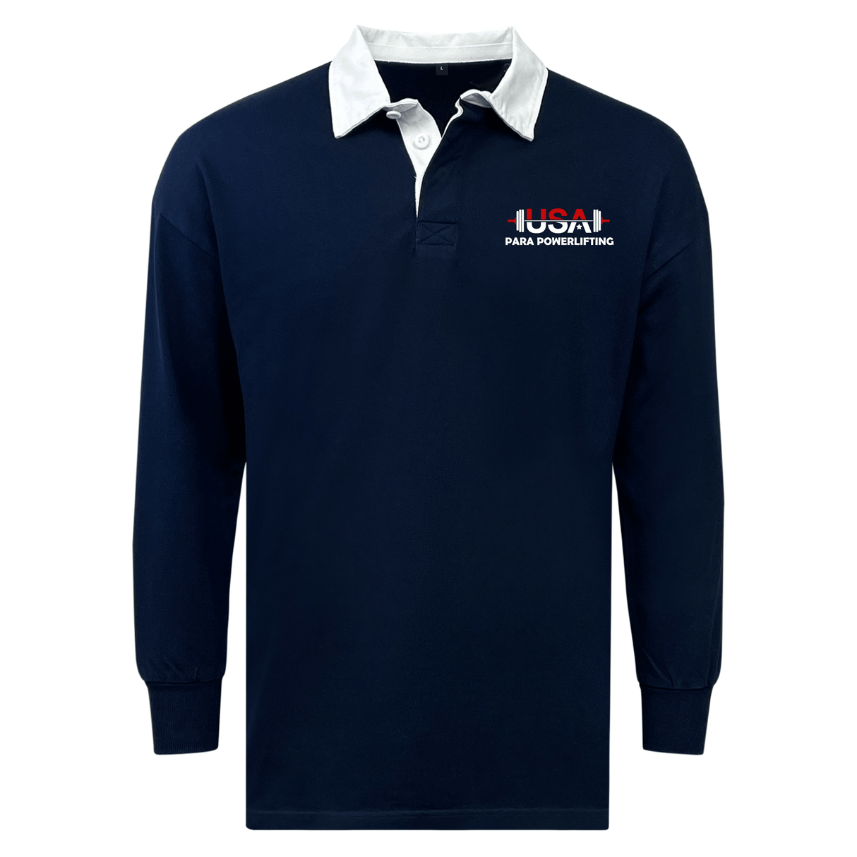 The EMB Mudoo USA Para Powerlifting Classic Long Sleeve Solid Rugby Jersey features a navy blue design, white collar, and "USA Para Powerlifting" logo on the left chest in red and white, made from soft cotton for a classic look.