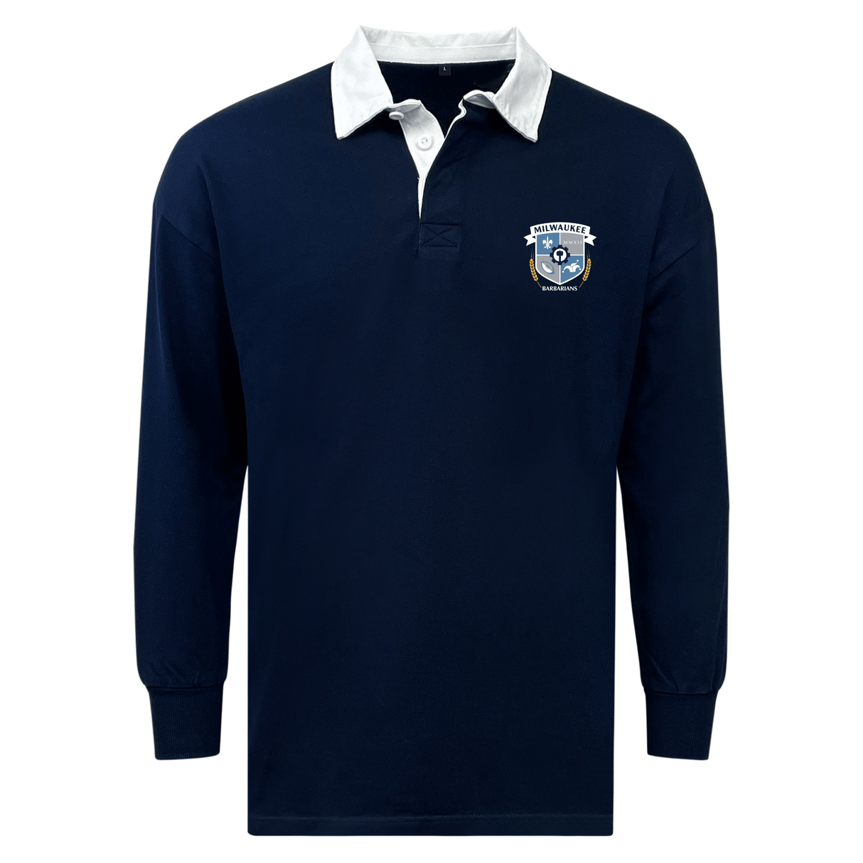 The EMB Mudoo Milwaukee Barbarians Rugby Classic Long Sleeve Solid Rugby Jersey features a relaxed fit, navy blue color, white collar, and an embroidered "MILWAUKEE" crest with a soccer ball and laurel on the left chest.