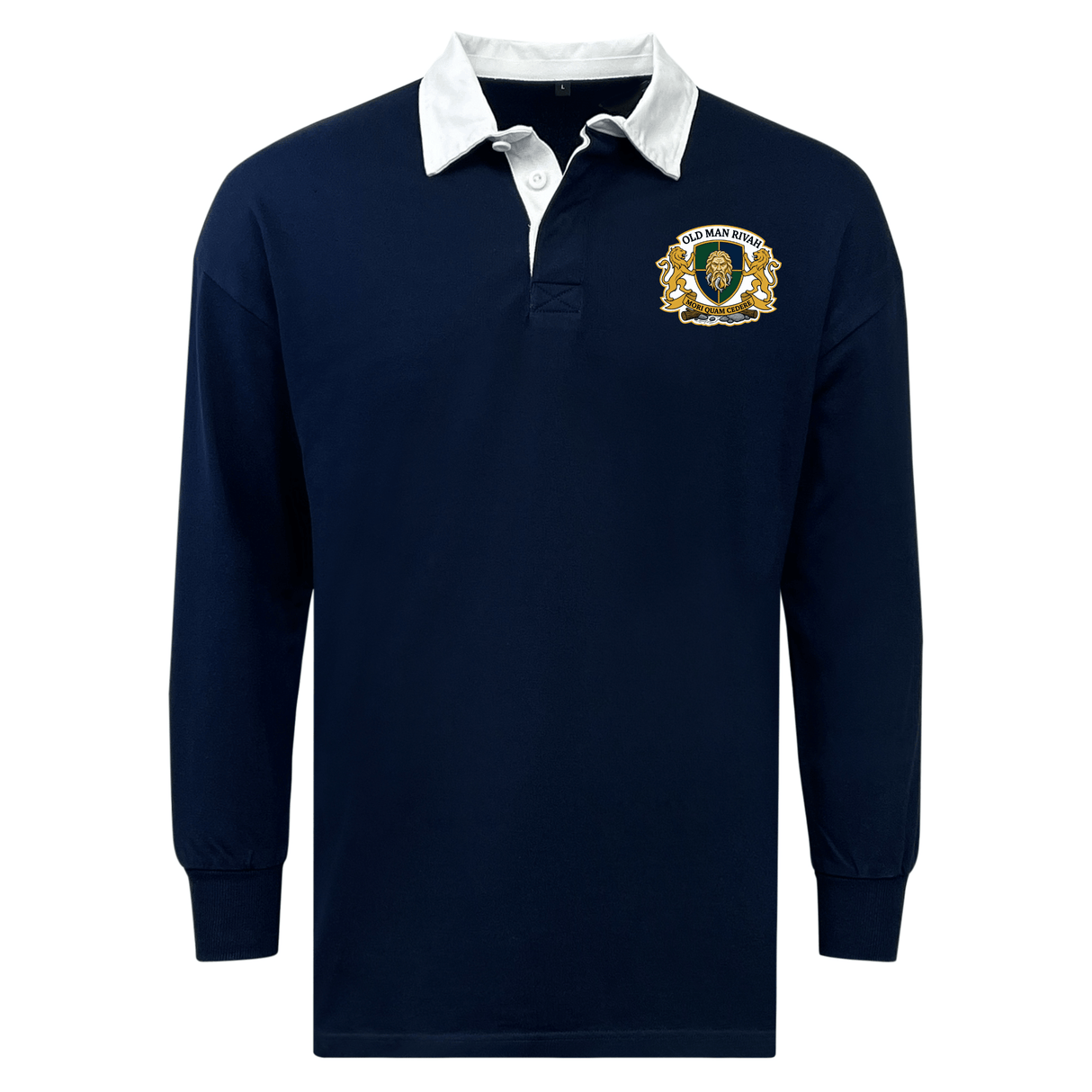 The EMB Mudoo Old Man Rivah Rugby Classic Long Sleeve Solid Rugby Jersey in navy blue features a white collar, long sleeves, and a lion-and-shield crest on the left chest—combining comfort with timeless rugby style.