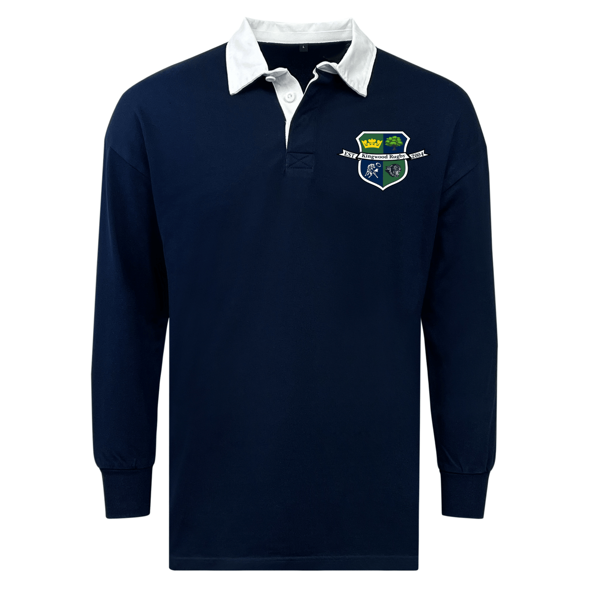 The EMB Mudoo Kingwood Rugby Classic Long Sleeve Solid Rugby Jersey in navy features a white collar and a multicolored embroidered crest on the left chest, providing timeless style and comfort.