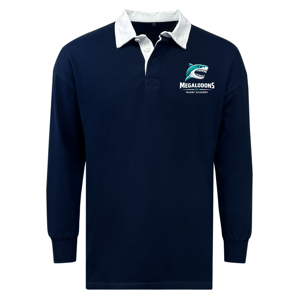 The EMB Mudoo NC Rugby Academy - Megalodons Classic Long Sleeve Solid Rugby Jersey features a navy relaxed fit, white collar, and "Megalodons Rugby Academy" logo on the left chest.