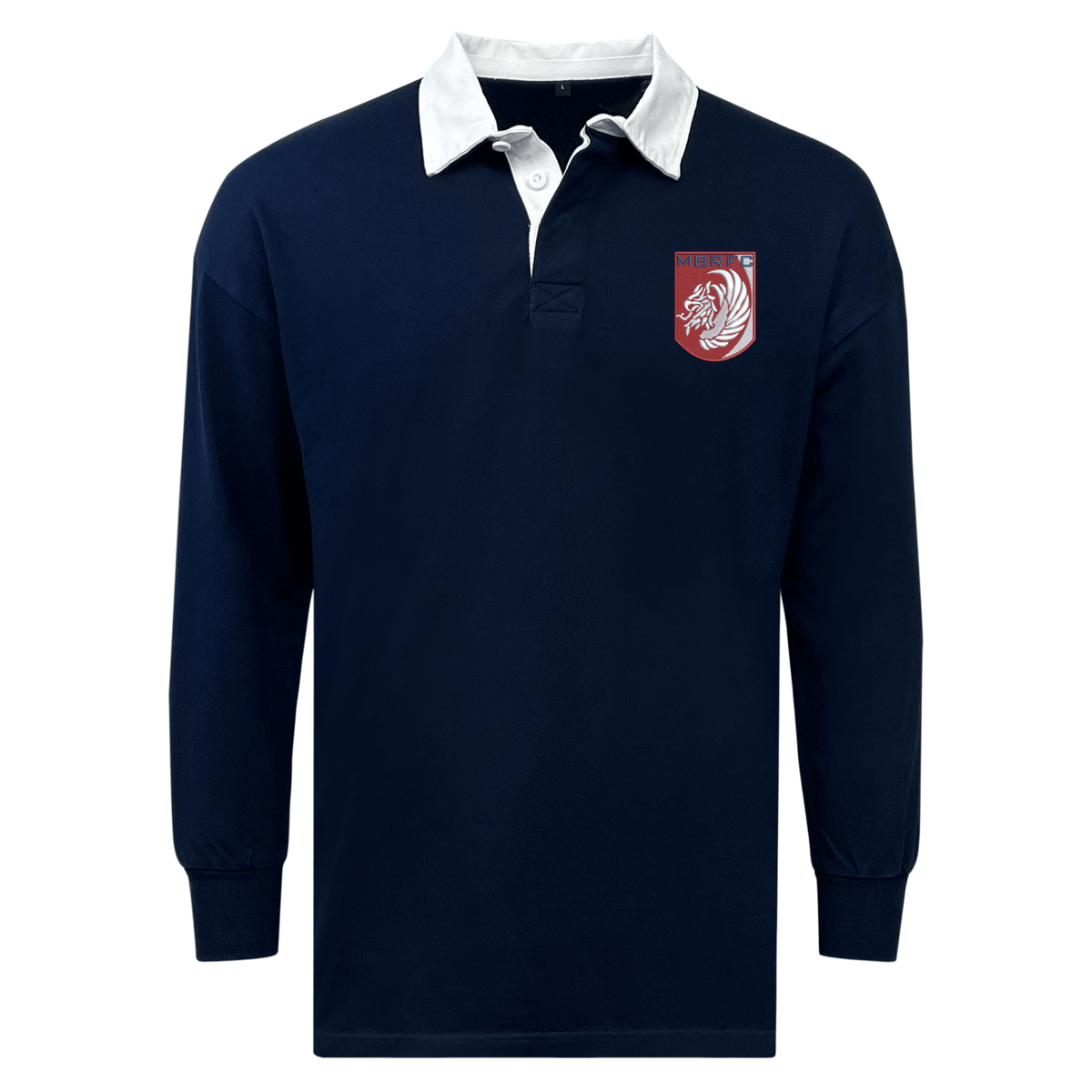 The EMB Mudoo Montgomery Bucks Griffins Classic Long Sleeve Solid Rugby Jersey is a navy blue rugby shirt with a white collar and a red and white lion crest on the left chest.