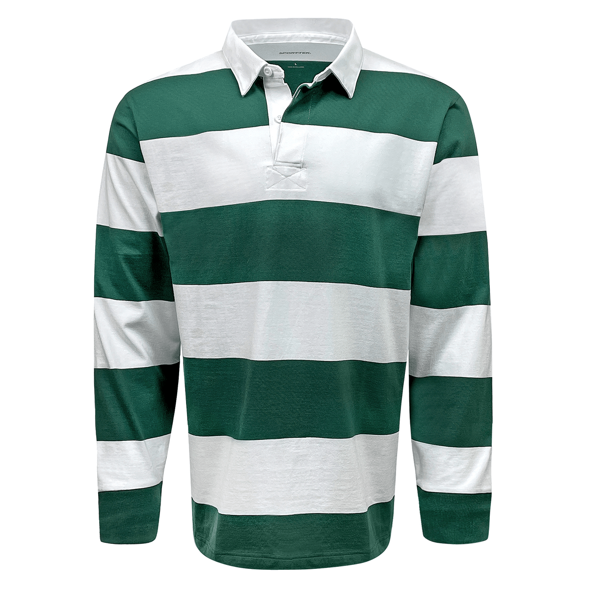 The Classic Long Sleeve Hooped Rugger by Sanmar features broad horizontal green and white stripes made from ringspun cotton jersey, a white collar, and a partially buttoned placket.