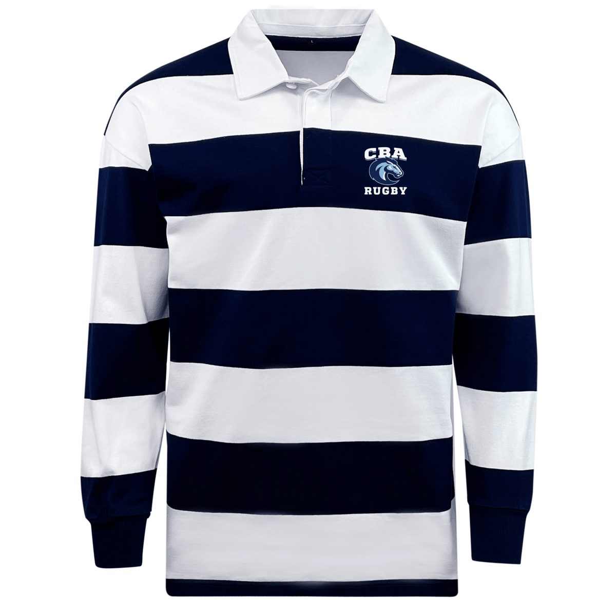 The Christian Brothers Academy Rugby Classic Long Sleeve Hooped Jersey by EMB Mudoo features wide horizontal navy and white stripes, a collar, and the "CBA Rugby" logo on the chest, capturing vintage athletic style.