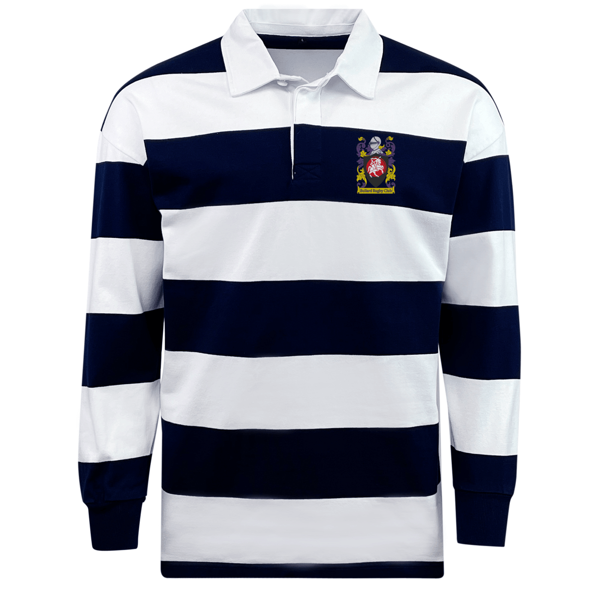 The Bullard Rugby Classic Long Sleeve Solid Rugby Jersey by EMB Mudoo evokes nostalgia with its wide navy and white horizontal stripes, long sleeves, and a chest crest featuring an animal.