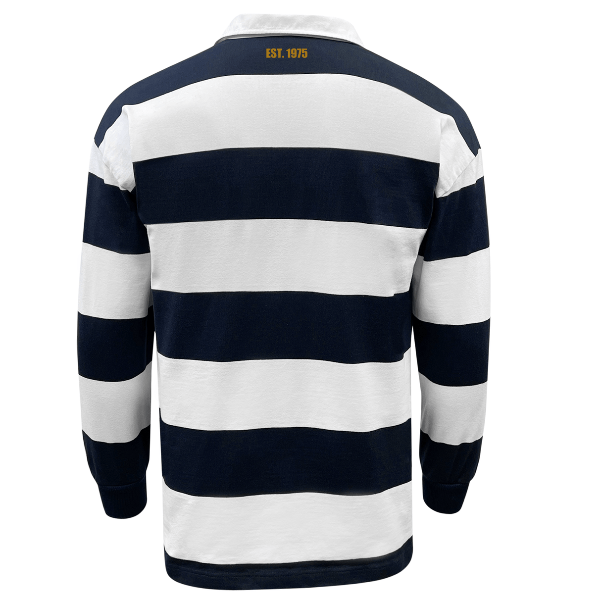 The back view showcases the EMB Mudoo USA Rugby 50th Anniversary Hooped Classic Jersey, a long-sleeve rugby shirt with wide black and white stripes and "EST. 1975" below the collar, celebrating USA Rugby's legacy.