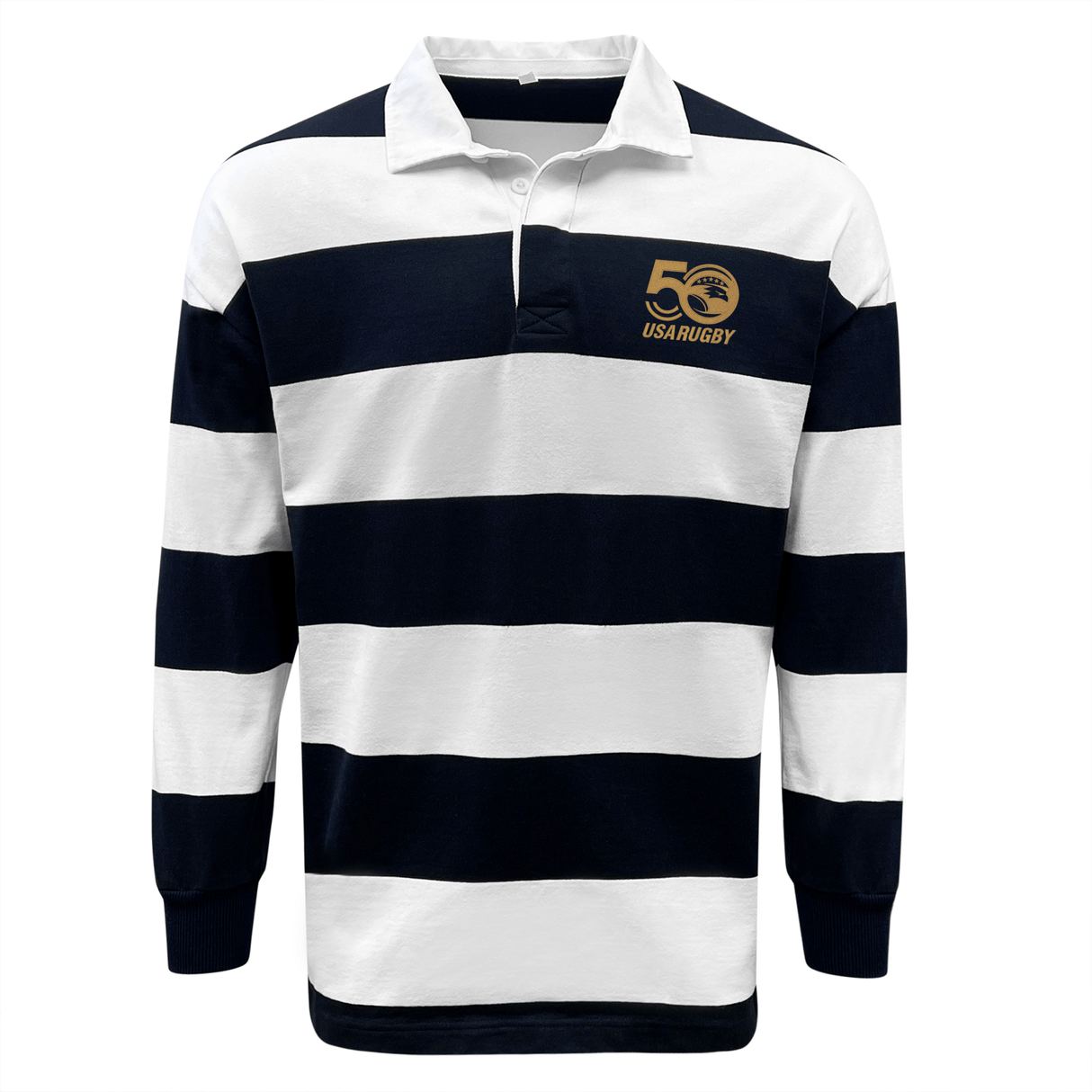 The EMB Mudoo USA Rugby 50th Anniversary Hooped Classic Jersey features long sleeves, bold black and white stripes, and a striking "50 USA Rugby" logo on the chest.