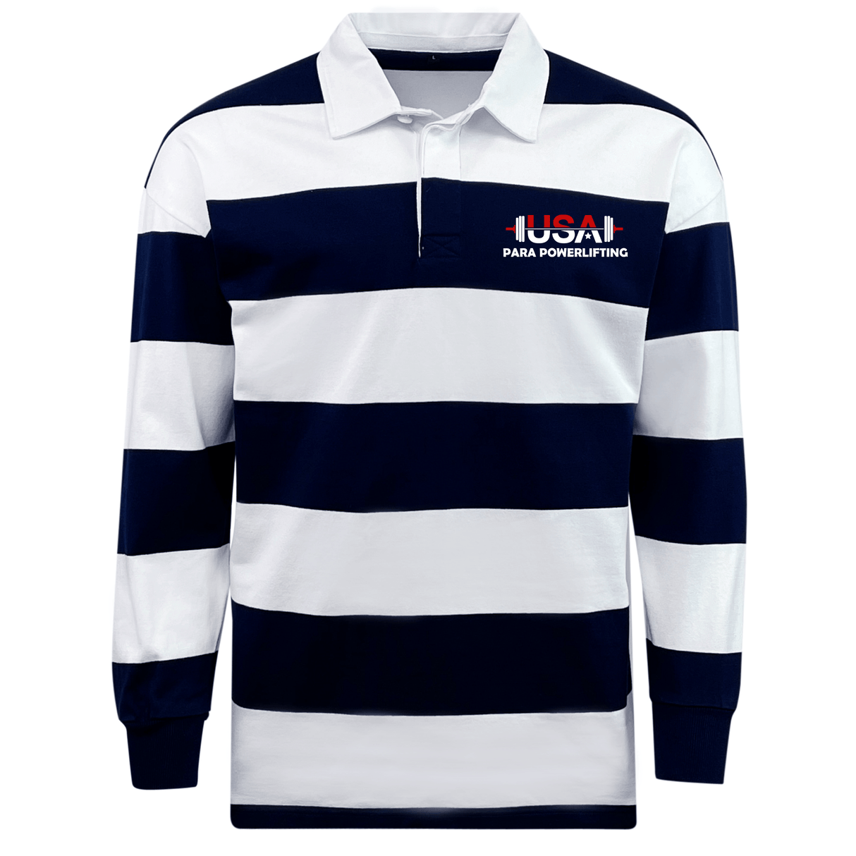 The EMB Mudoo USA Para Powerlifting Classic Long Sleeve Hooped Rugby Jersey features wide navy and white hoops and displays the "USA Para Powerlifting" logo on the left chest.