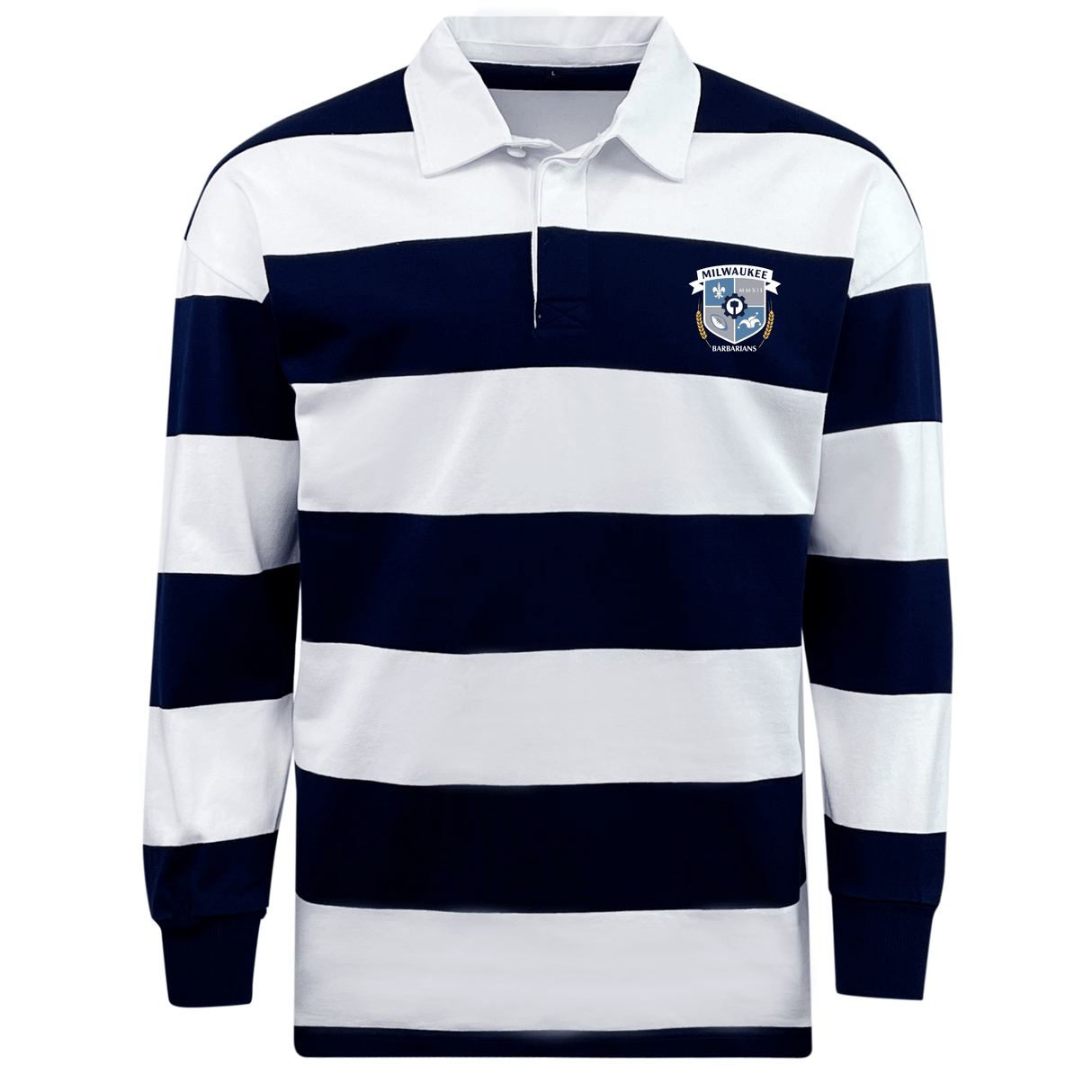 The EMB Mudoo Milwaukee Barbarians Rugby Classic Long Sleeve Hooped Rugby Jersey features wide navy blue and white stripes with a crest logo on the left chest.