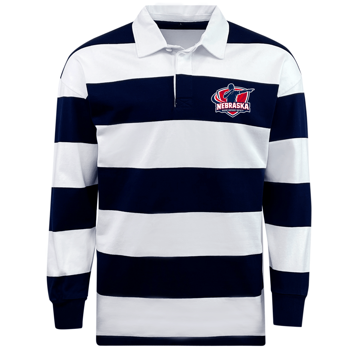 The EMB Mudoo Nebraska Rugby Referee Society Classic Long Sleeve Hooped Rugby Jersey features navy and white stripes with a Nebraska logo on the left chest.