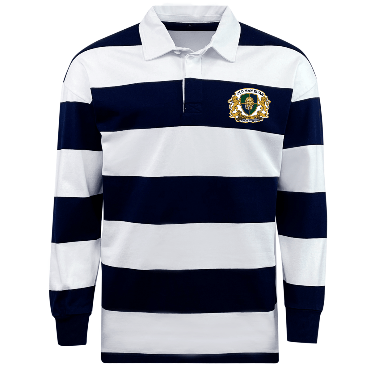 The EMB Mudoo Old Man Rivah Rugby Classic Long Sleeve Hooped Jersey features bold navy and white stripes, a left chest crest, and timeless long sleeves—ideal for stylish leisurewear.
