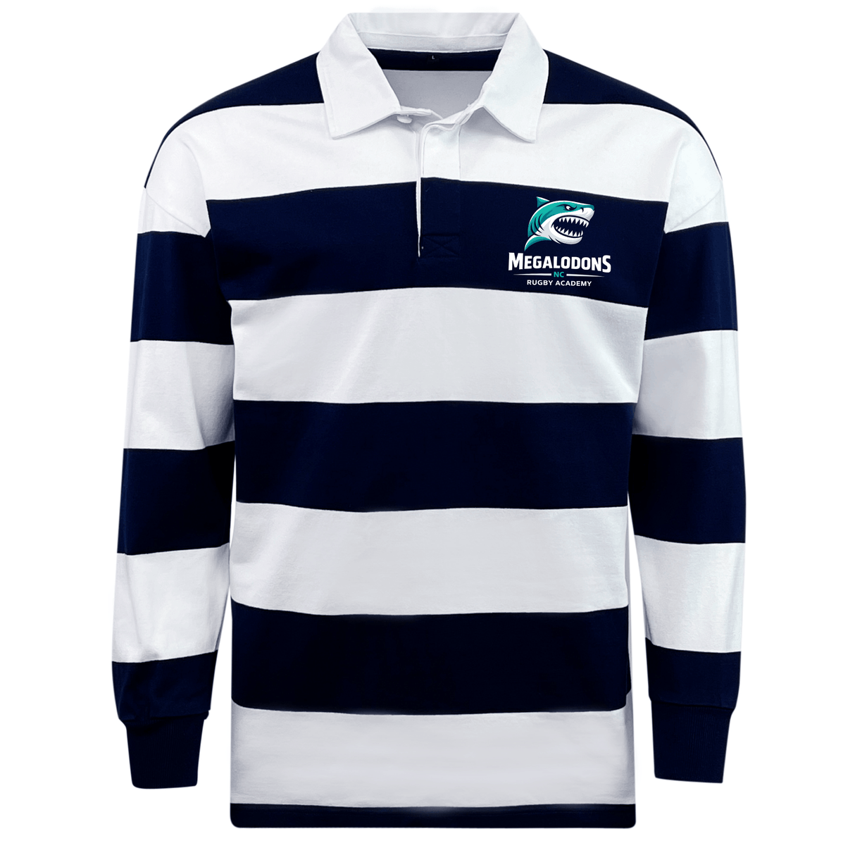 The EMB Mudoo NC Rugby Academy - Megalodons Classic Long Sleeve Hooped Rugby Jersey features bold navy and white stripes and a "Megalodons Rugby Academy" logo on the left chest, giving it a timeless vintage rugby style.