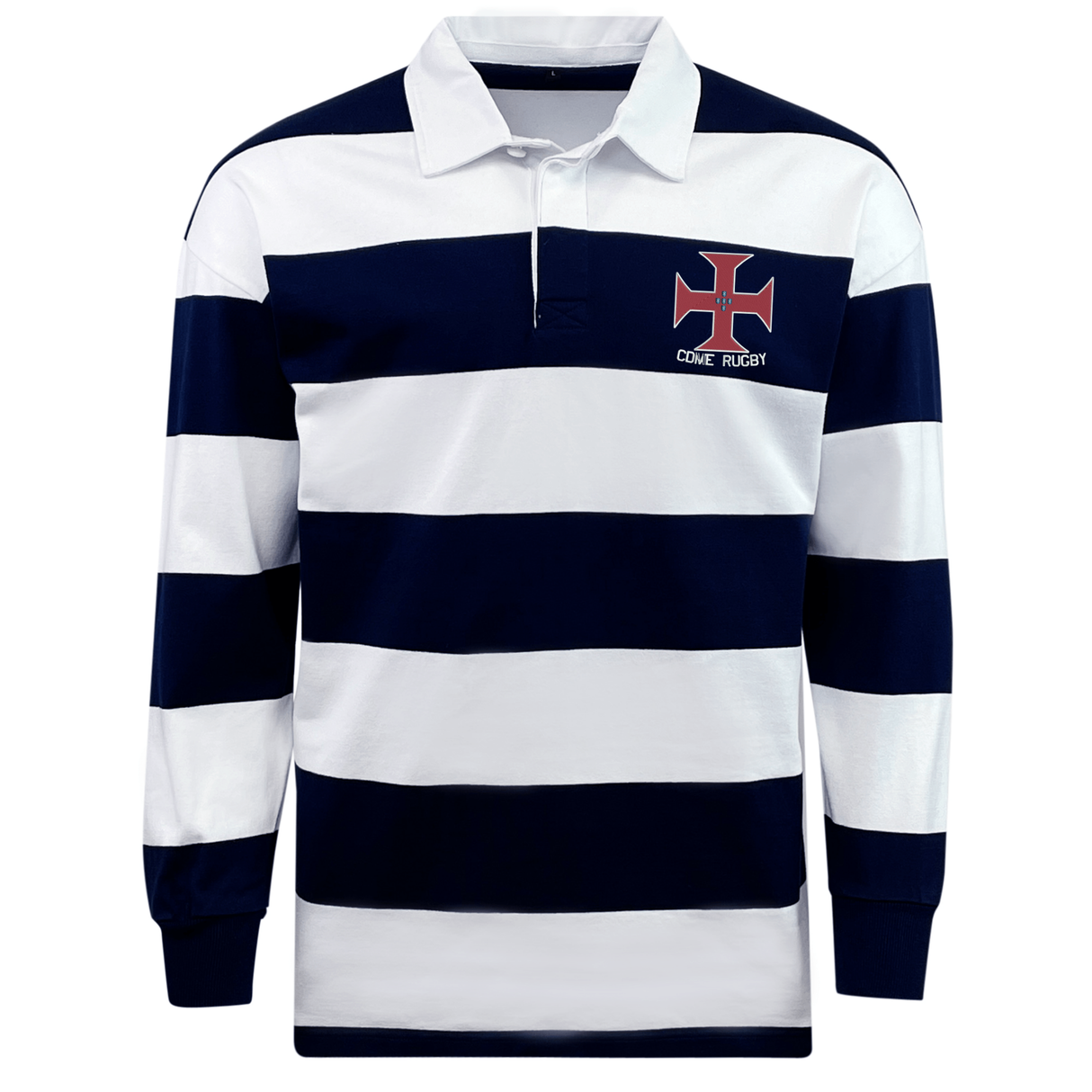 The EMB Mudoo SF CDME Rugby Classic Long Sleeve Hooped Rugby Jersey features bold navy and white horizontal stripes, a crisp white collar, and a red cross emblem with "COME RUGBY" text on the chest, offering a timeless retro rugby shirt style.
