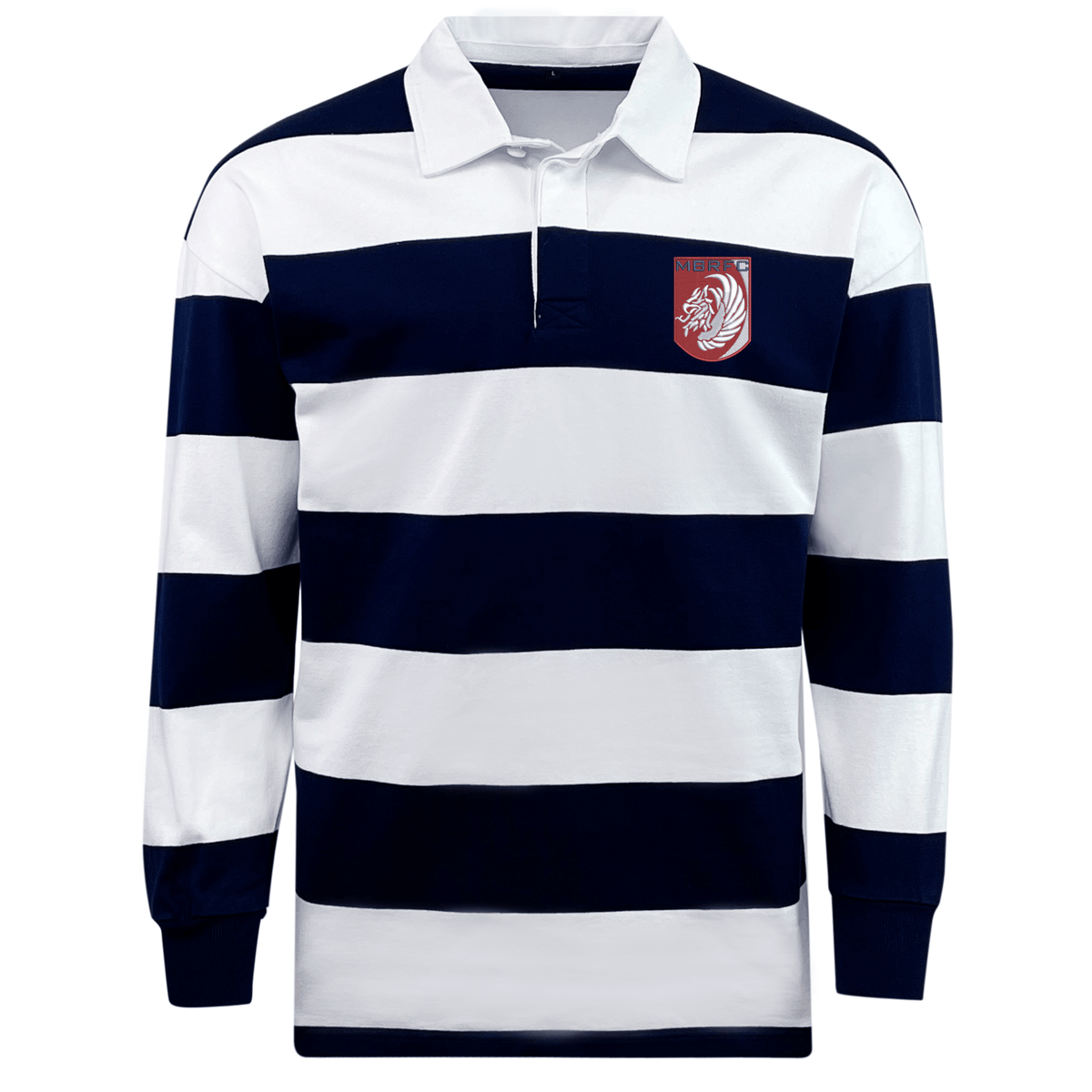 The EMB Mudoo Montgomery Bucks Griffins Classic Long Sleeve Hooped Rugby Jersey features bold navy and white stripes, finished with a striking red lion crest on the left chest for a timeless vintage style.