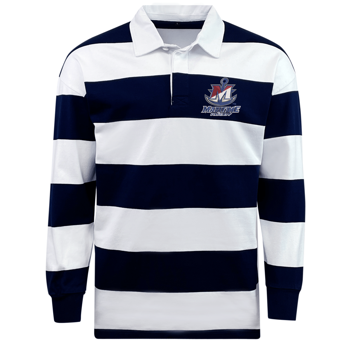 SUNY Maritime Men’s Rugby Classic Long Sleeve Hooped Rugby Jersey featuring navy blue and white horizontal stripes, a white collar, and an anchor logo with “Maritime Rugby” on the chest.