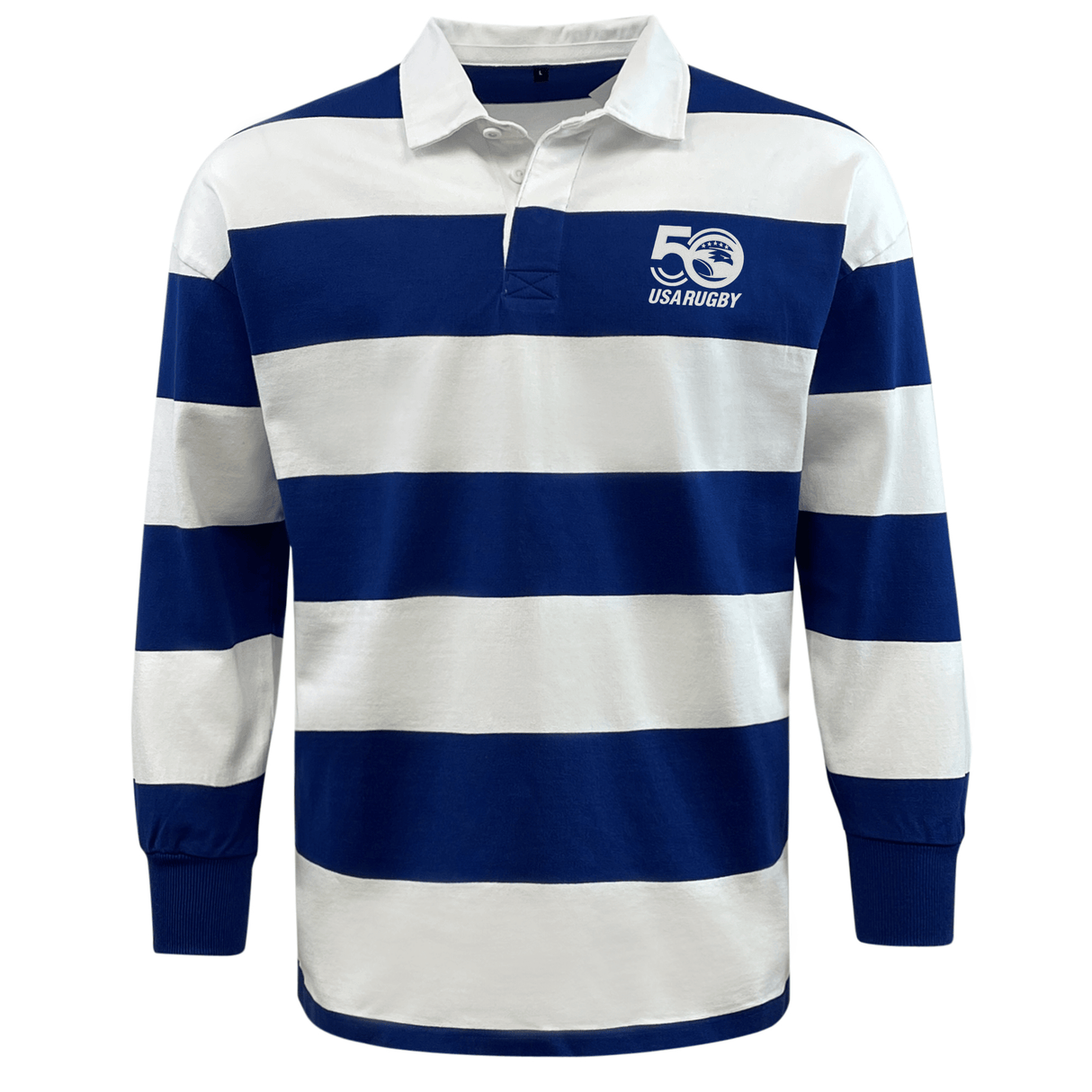 Celebrate USA Rugby's 50th Anniversary with the EMB Mudoo USA Rugby 50th Anniversary Hooped Classic Jersey, featuring blue and white stripes and a "50 USA Rugby" logo on the chest.