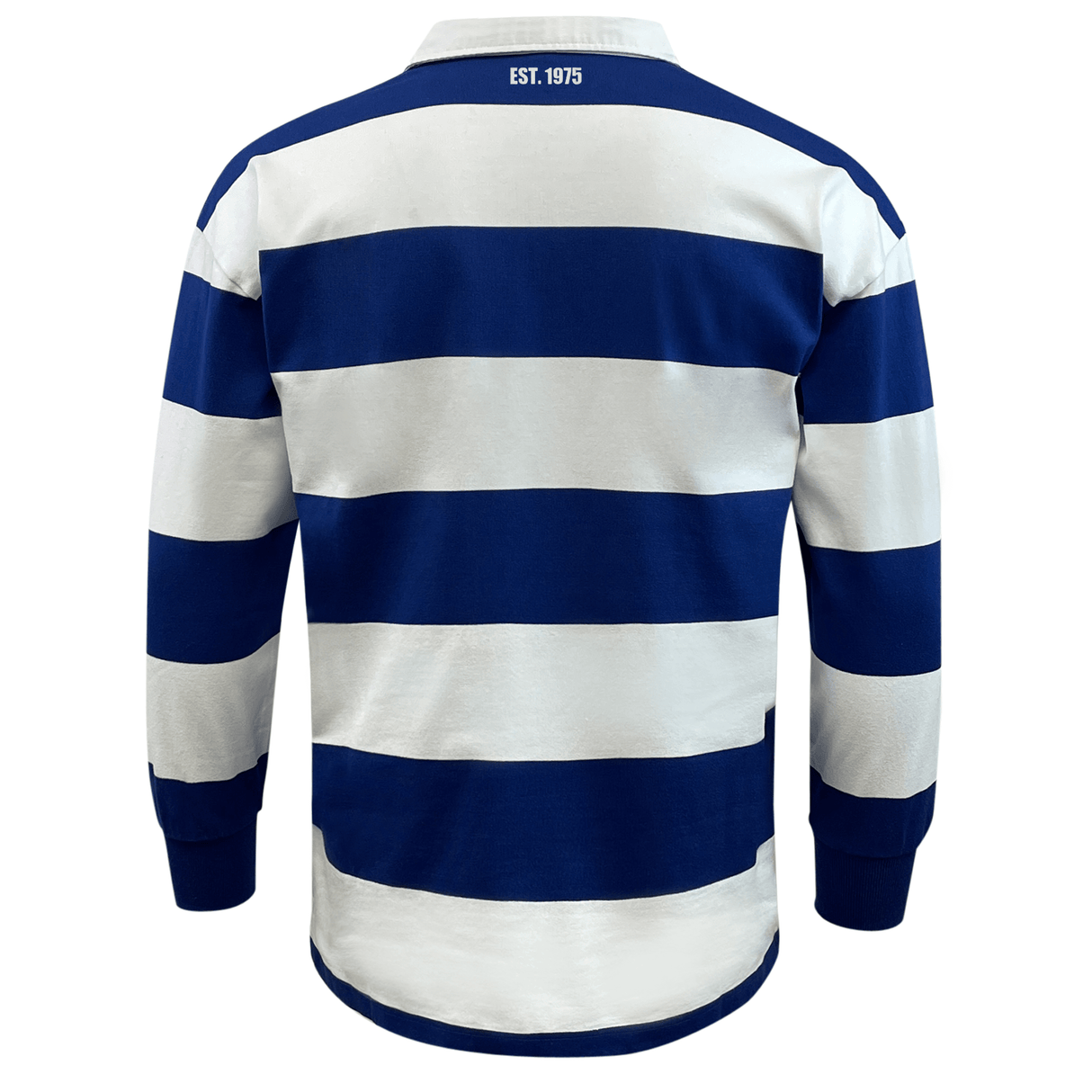 Back view of the EMB Mudoo USA Rugby 50th Anniversary Hooped Classic Jersey, highlighting blue and white horizontal stripes with "EST. 1975" on the upper back.