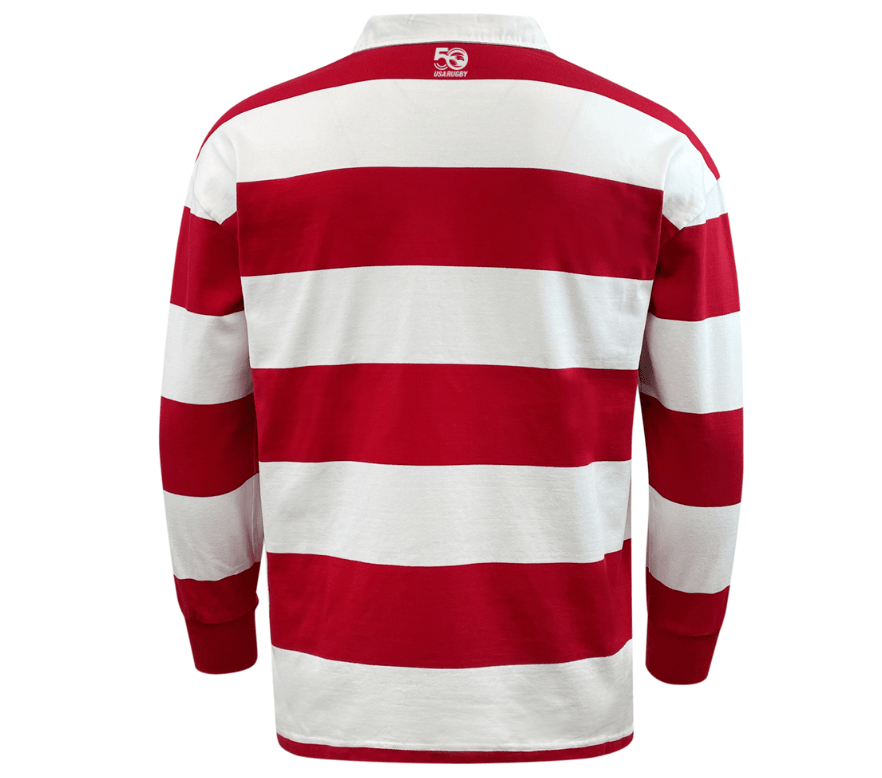 The USA Rugby Heritage 50th Anniversary Hooped Classic Jersey by EMB Mudoo features red and white horizontal stripes and long sleeves, exuding classic rugby jersey appeal with a "50" design on the back collar.