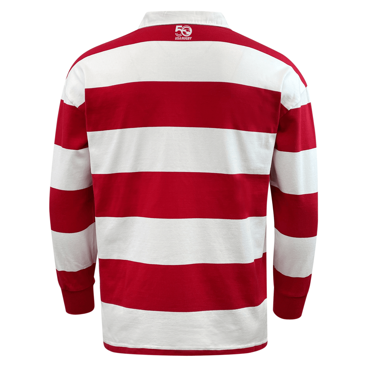 Celebrate the Olympic 50th Anniversary and show your support for USA Rugby with the EMB Mudoo USA Rugby Original Olympic 50th Anniversary Hooped Classic Jersey, featuring wide red and white stripes and a "50 Seawolves" logo on the upper back.