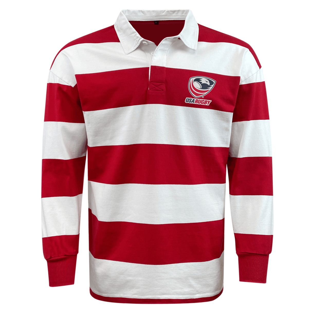 The EMB Mudoo USA Rugby Crest 50th Anniversary Hooped Classic Jersey features bold red and white stripes and a left-chest USA Rugby logo—ideal for celebrating this milestone in classic style.