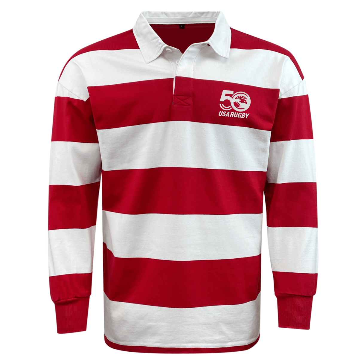 Celebrate a rich heritage with the USA Rugby 50th Anniversary Hooped Classic Jersey by EMB Mudoo, showcasing classic red and white stripes and the commemorative logo on the chest.