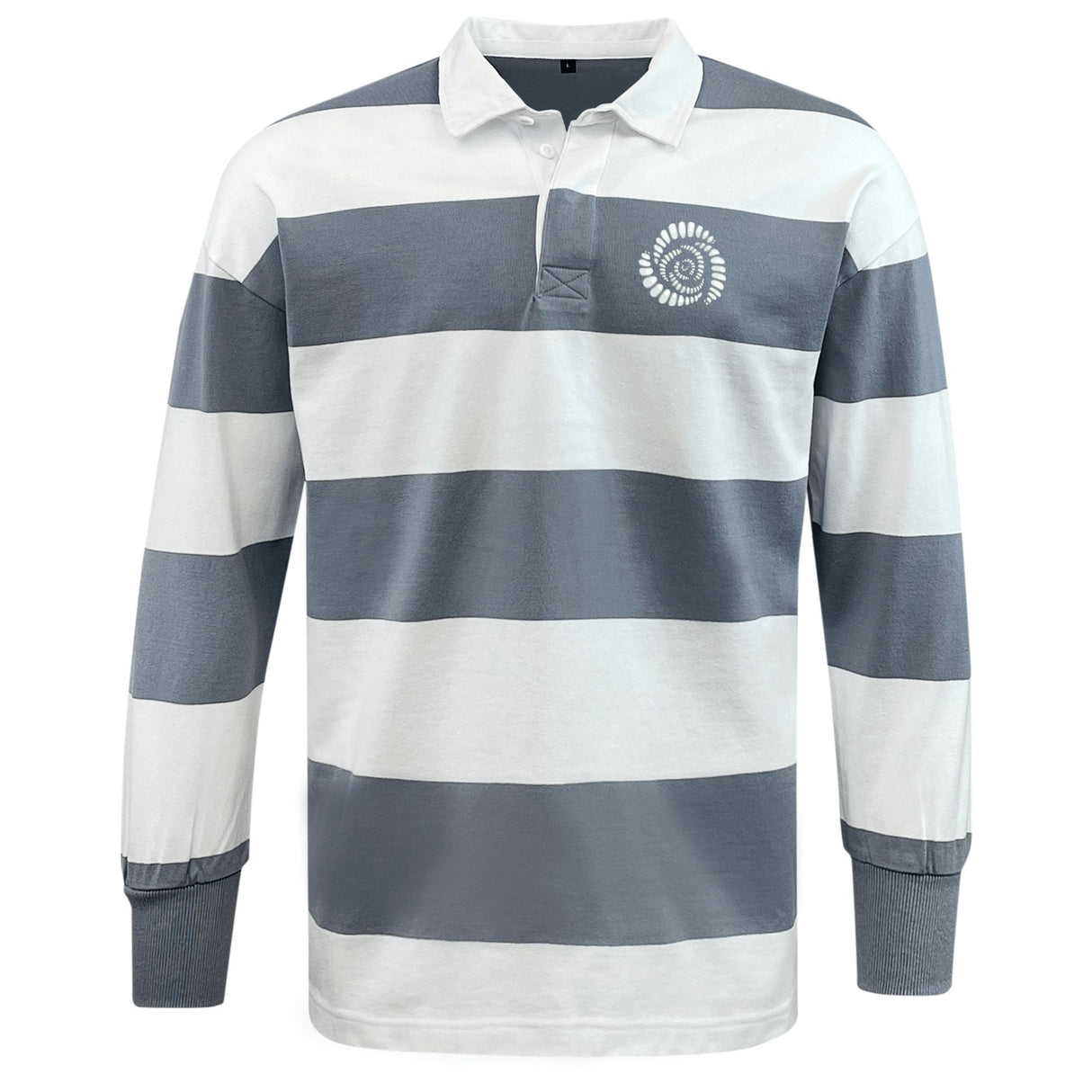 The Missoula All-Maggots Classic Long Sleeve Hooped Rugby Jersey by EMB Mudoo features wide horizontal navy and white stripes, a buttoned collar, and a small circular logo on the left chest—channeling timeless style inspired by vintage rugby jersey traditions.