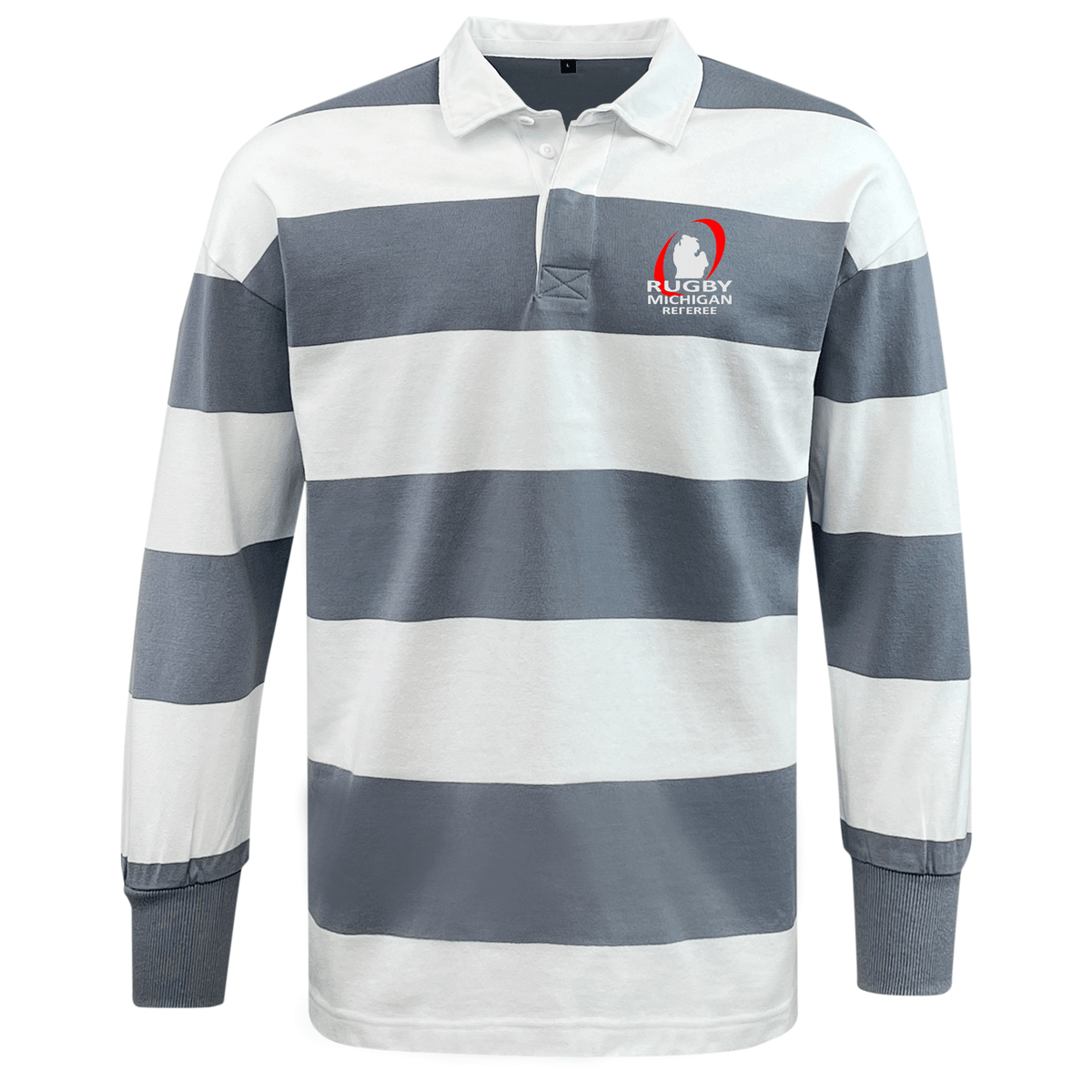 The Rugby Michigan Referee Society Classic Long Sleeve Hooped Rugby Jersey by EMB Mudoo showcases a black and white striped design with a relaxed fit, featuring the "Rugby Michigan Referee" logo on the chest, all crafted from a comfortable cotton/poly blend.