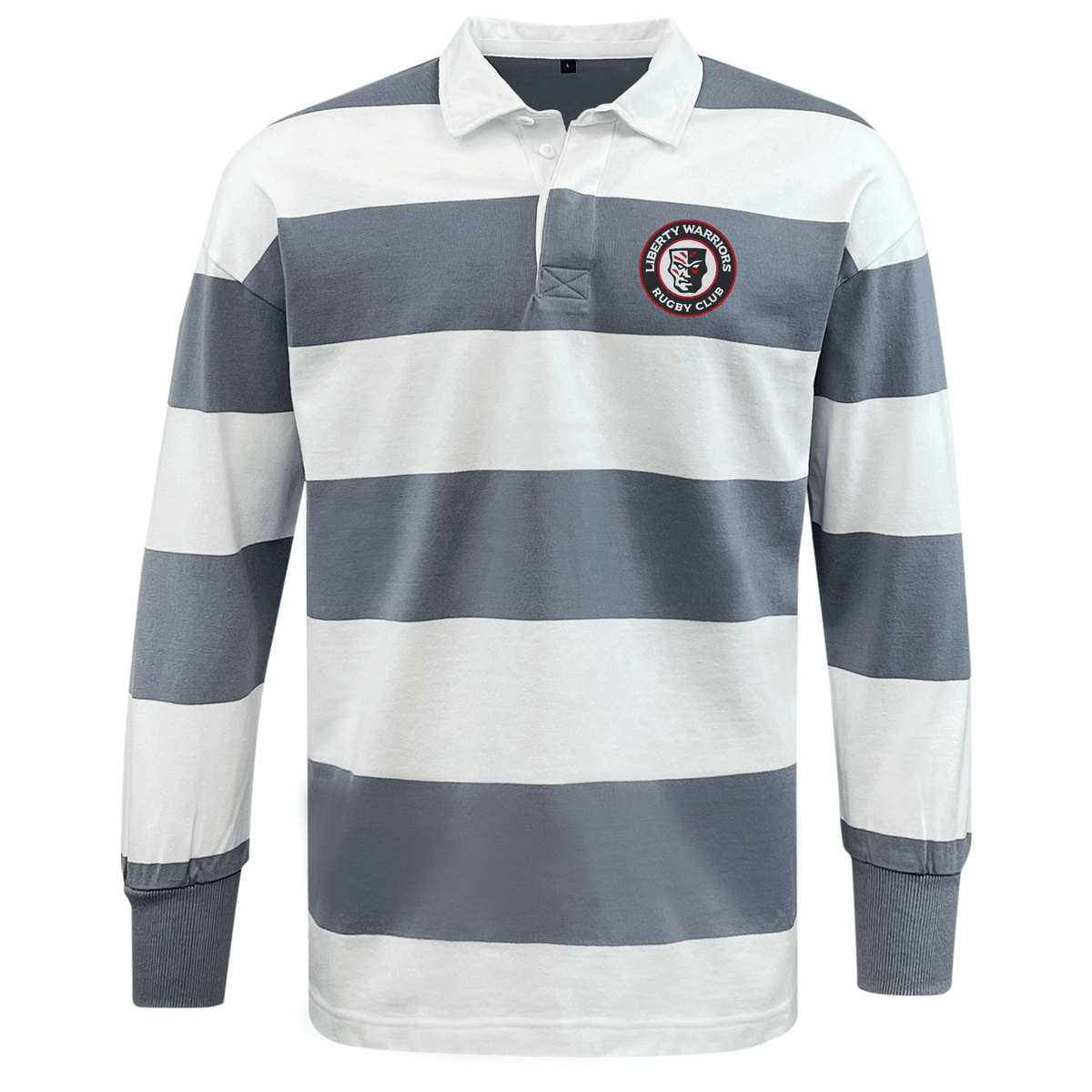 Liberty Lake Warriors Classic Long Sleeve Hooped Rugby Jersey by EMB Mudoo, showcases gray and white horizontal stripes with a circular embroidered patch on the left chest, ideal for capturing a vintage vibe.