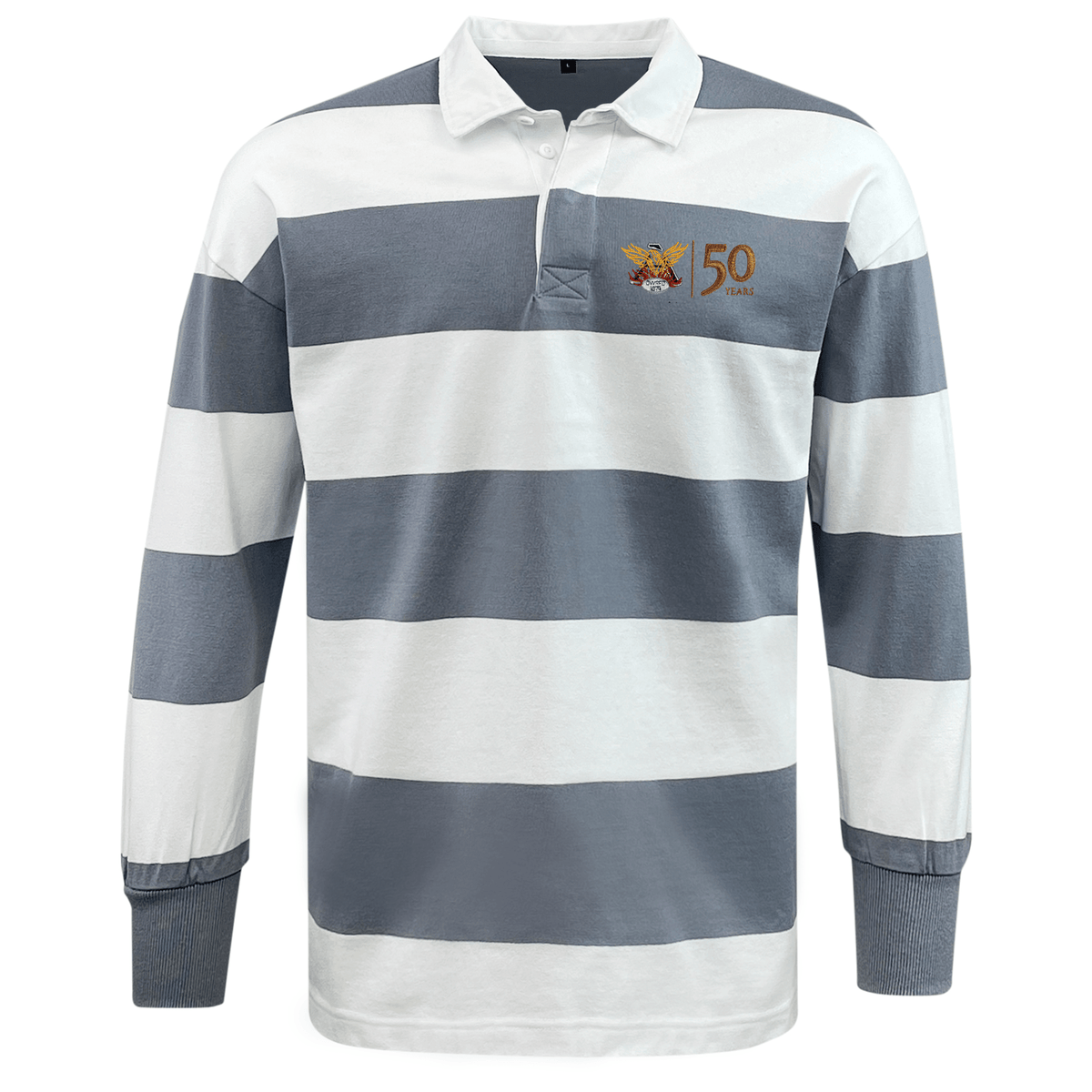 Sure! Here's the revised sentence:
An Atlanta Old White Rugby 50 Year Anniversary Classic Long Sleeve Hooped Rugby Jersey by EMB Canterbury, featuring wide horizontal grey and white stripes, a white collar, and a small embroidered eagle logo with "50 Years" text on the left chest.