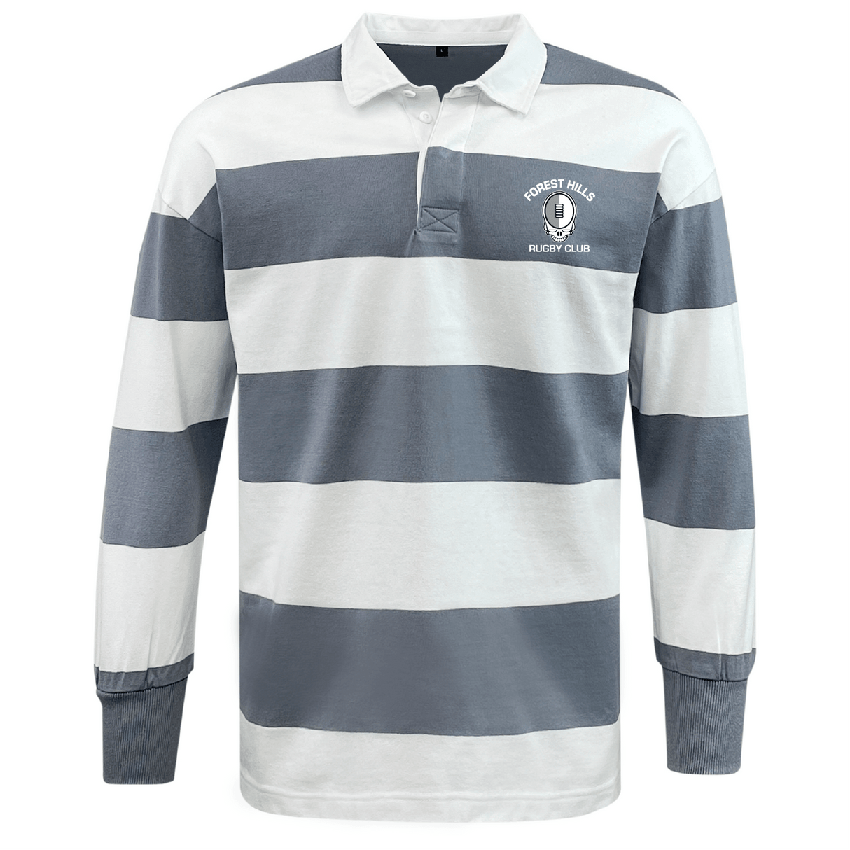 The EMB Mudoo Forest Hills Rugby Classic Long Sleeve Hooped Rugby Jersey features wide white and gray stripes, a white collar, the "Forest Hills Rugby Club" logo on the chest, and is crafted from a soft cotton/poly blend for comfort.
