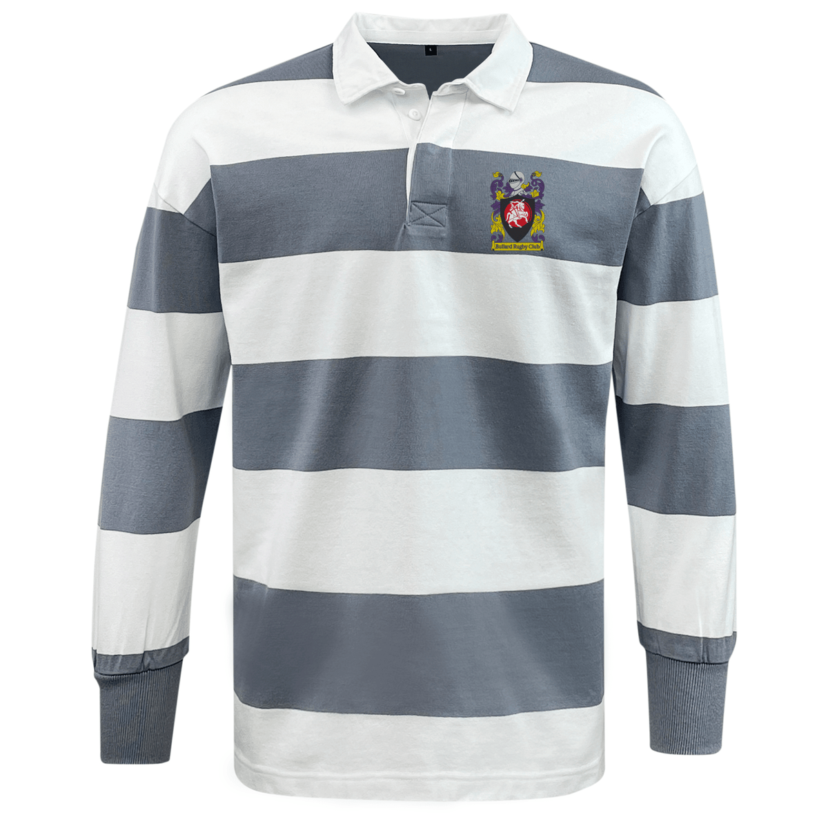 The Bullard Rugby Classic Long Sleeve Solid Rugby Jersey by EMB Mudoo evokes nostalgia with its embroidered crest on the left chest, showcasing gray and white horizontal stripes.