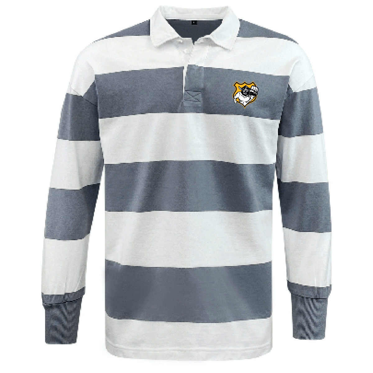 The Seattle Vikings Rugby Classic Long Sleeve Hooped Rugby Jersey by EMB Mudoo showcases wide gray and white horizontal stripes, a small chest emblem, and a vintage appeal.