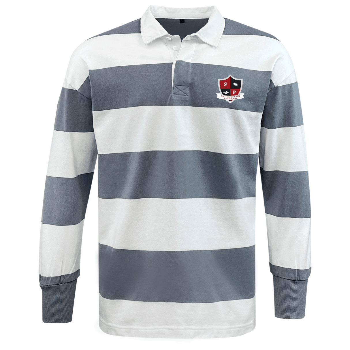 The Southern Pines Youth Rugby Classic Long Sleeve Hooped Rugby Jersey by EMB Mudoo features wide gray and white stripes with an embroidered shield logo on the left chest, offering a retro vibe.