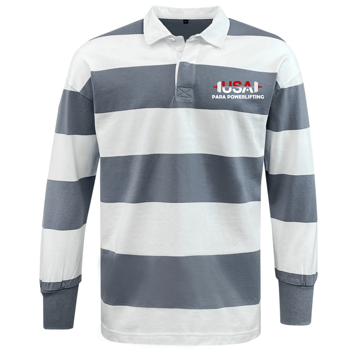 The EMB Mudoo USA Para Powerlifting Classic Long Sleeve Hooped Rugby Jersey features wide gray and white stripes and a "USA PARAPOWERLIFTING" logo on the upper left chest.