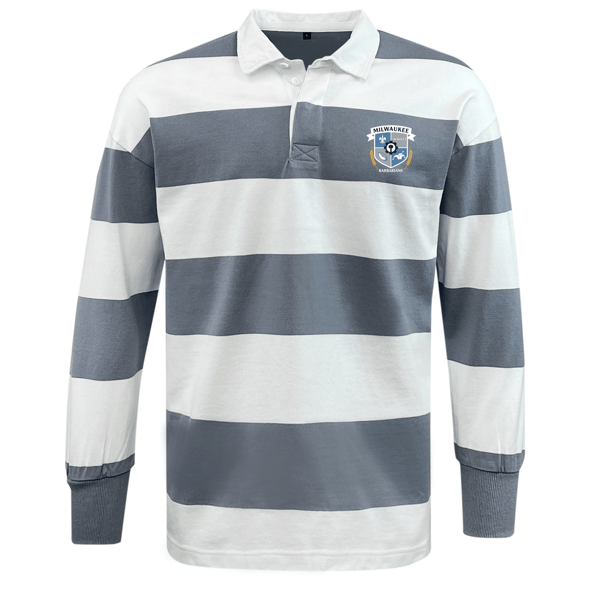 The EMB Mudoo Milwaukee Barbarians Rugby Classic Long Sleeve Hooped Rugby Jersey features bold white and gray stripes, a traditional collar, and a left chest crest—ideal for vintage rugby fans.