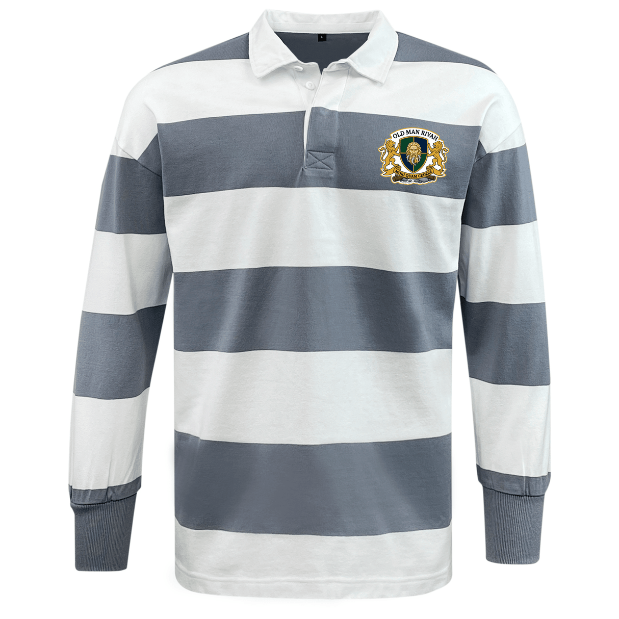The EMB Mudoo Old Man Rivah Rugby Classic Long Sleeve Hooped Rugby Jersey features wide grey and white hoops, a crisp white collar, and an embroidered lion crest on the chest—ideal leisurewear for any occasion.