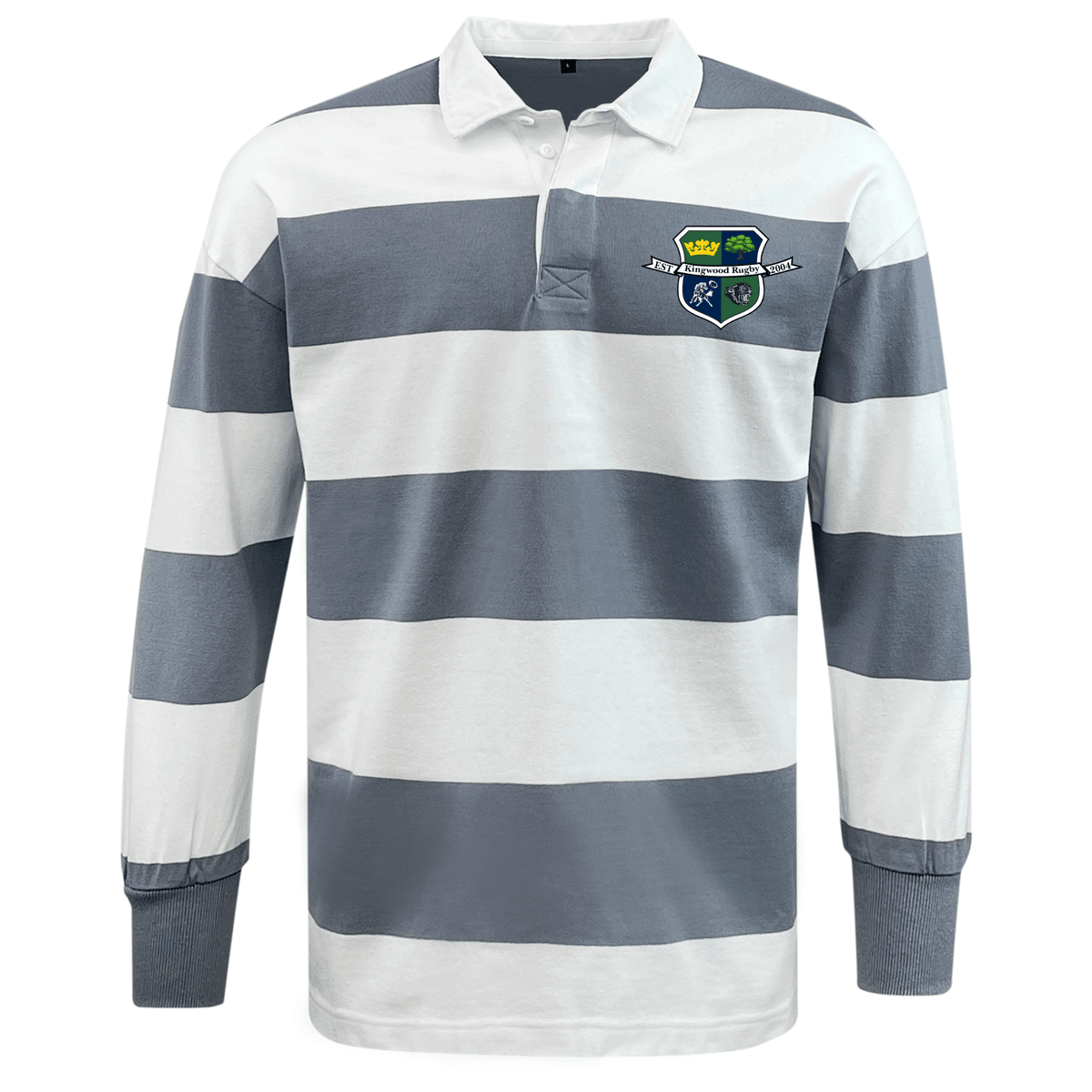 The EMB Mudoo Kingwood Rugby Classic Long Sleeve Hooped Rugby Jersey features bold white and gray stripes, a smart white collar, and a crest emblem on the left chest for timeless athletic style.