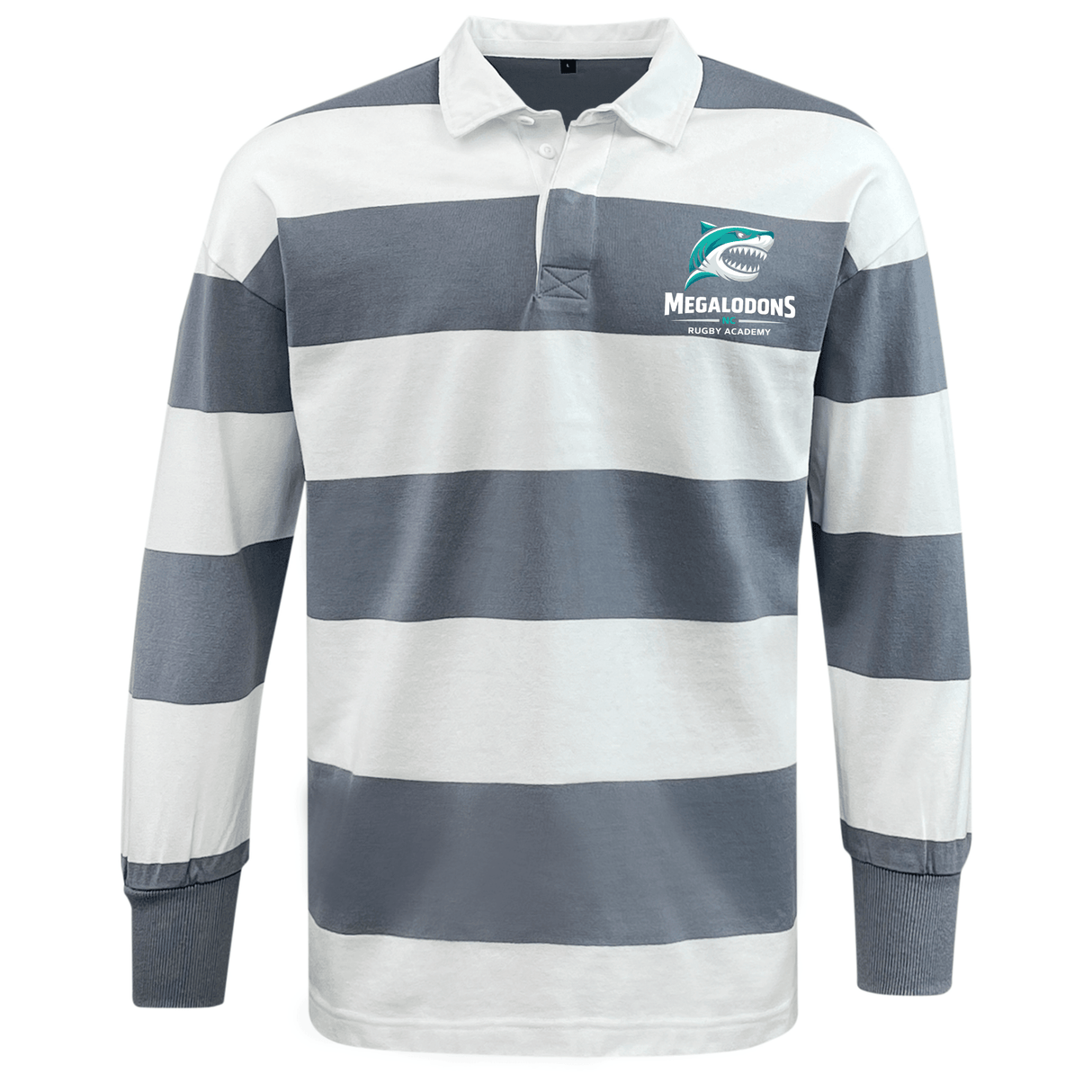 The EMB Mudoo NC Rugby Academy - Megalodons Classic Long Sleeve Hooped Rugby Jersey features bold gray and white stripes, a crisp white collar, and the Megalodons Rugby Academy logo for timeless vintage style.